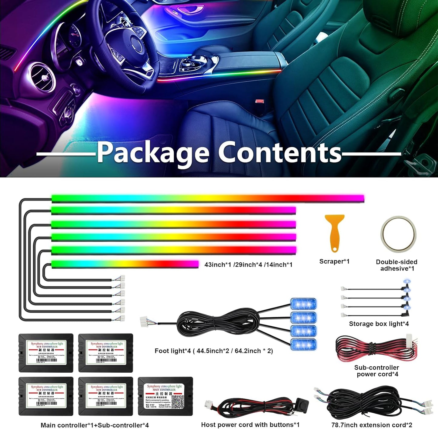 WEBUPAR Dreamcolor Acrylic Interior Car Lights, 14 in 1 RGB LED Strip Lights with APP Control and 213 Color Modes, Decorative Car Ambient Lighting Kits
