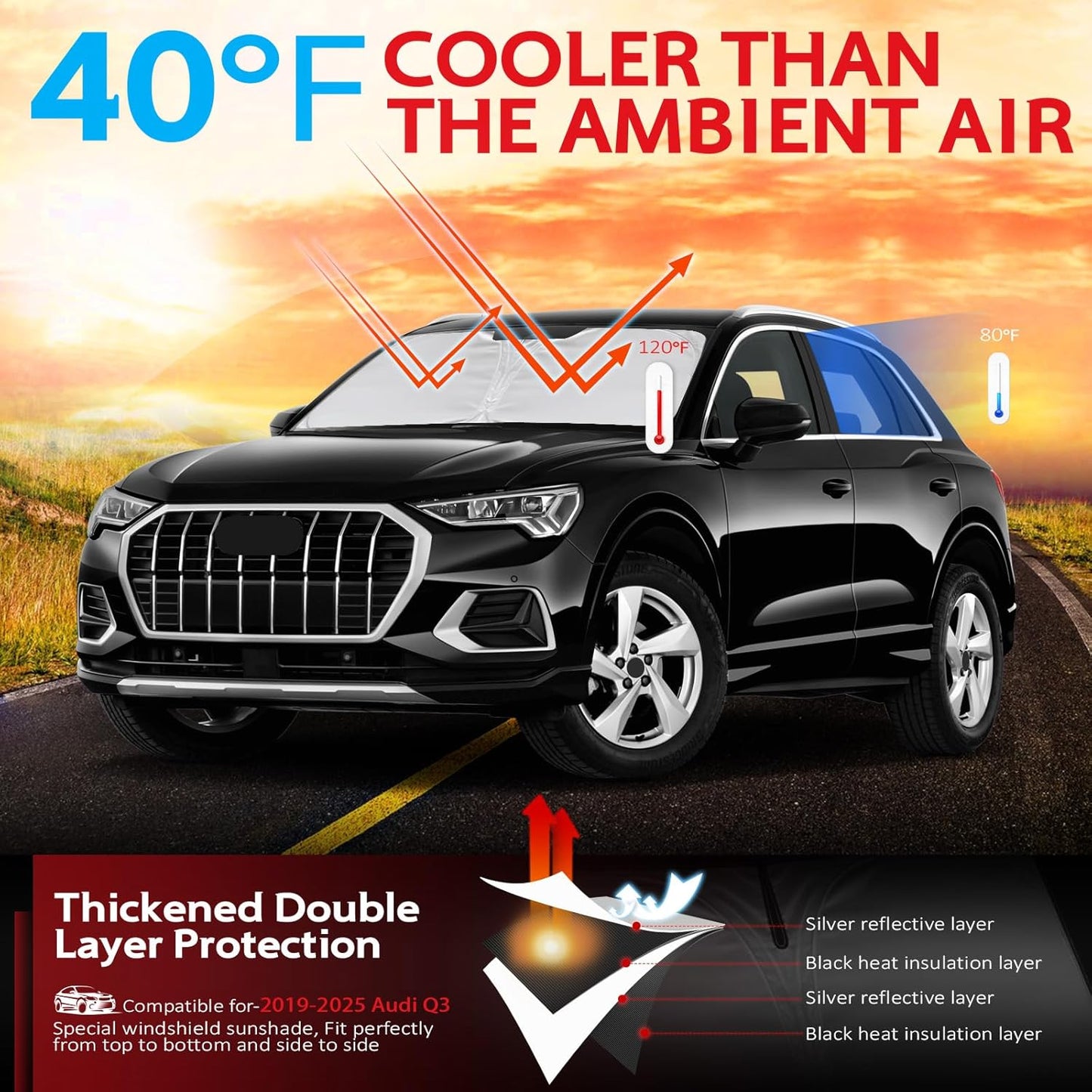 KAYZT Windshield Sun Shade for 2019-2025 2026 Audi Q3 SUV Foldable Sunshade Front Window Custom Fit Car Accessories