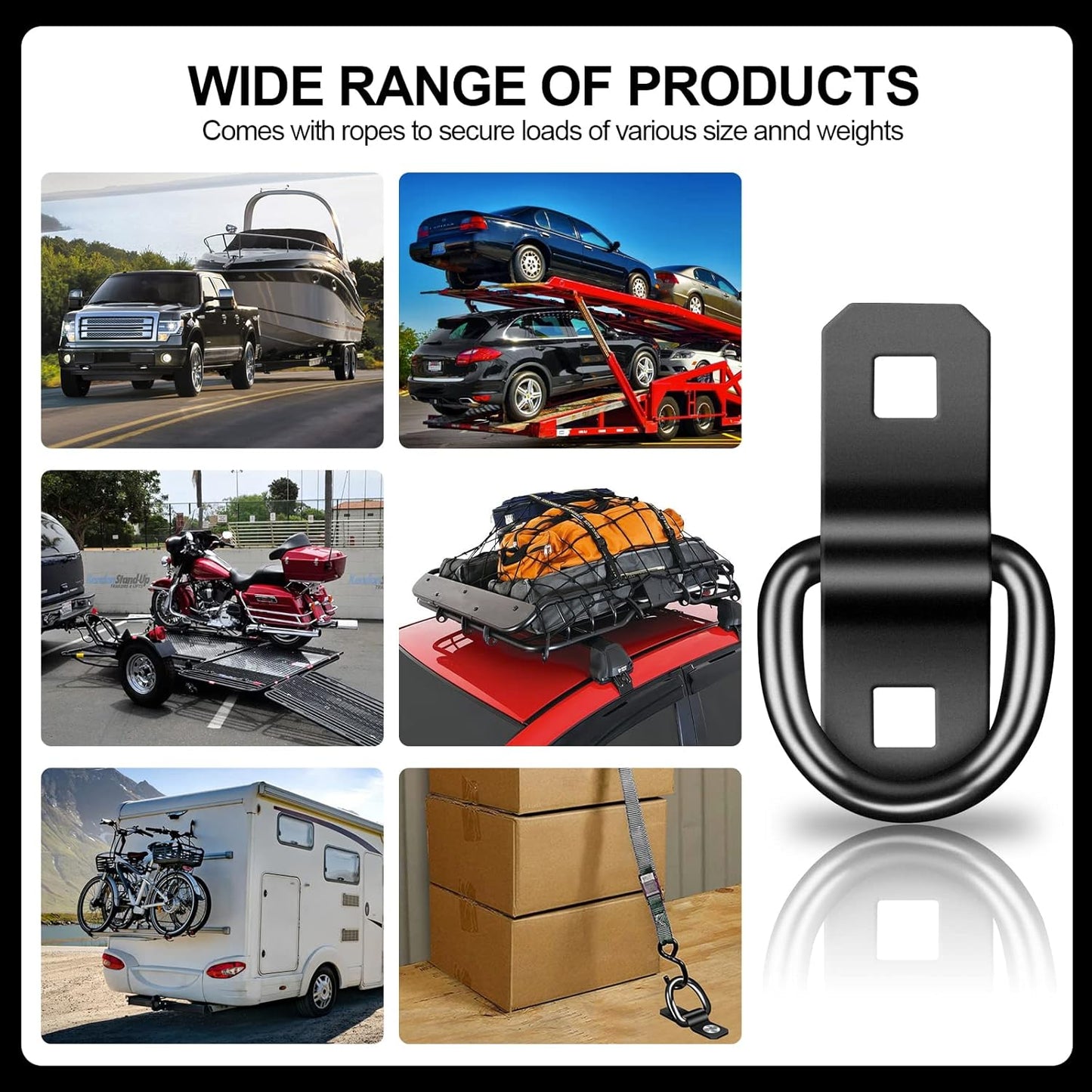 D Rings Tie Down Anchors 3/8” Heavy Duty 6000 Pound Breaking Strength for RV Camper Pickup Trailer Cargo Control, Tying Down Motor Bikers,ATV Surface Mount Bracket Enclosed Points（Pack of 6 Black）