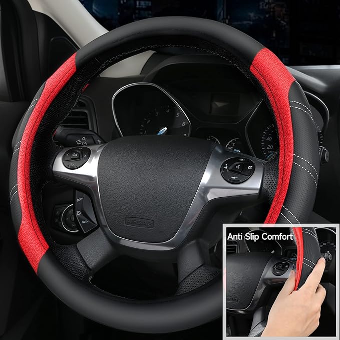 CAR PASS Leather Steering Wheel Cover and Waterproof Car Floor Mats,Microfiber Universal Car Combo Fit for 95% Sedan,SUV,Cars,14.5-15inch Sporty Anti-Slip Safety Comfortable Design(Black＆Red)