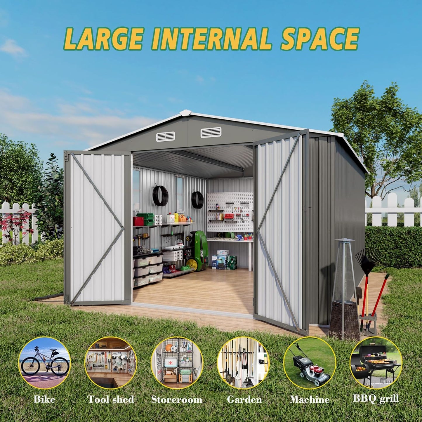10x12x6.7FT Outdoor Storage Shed, Galvanized Steel Garden Shed with Lockable Door & Window, Waterproof Metal Tool Storage for Garden, Backyard, Patio, Lawn(Grey)