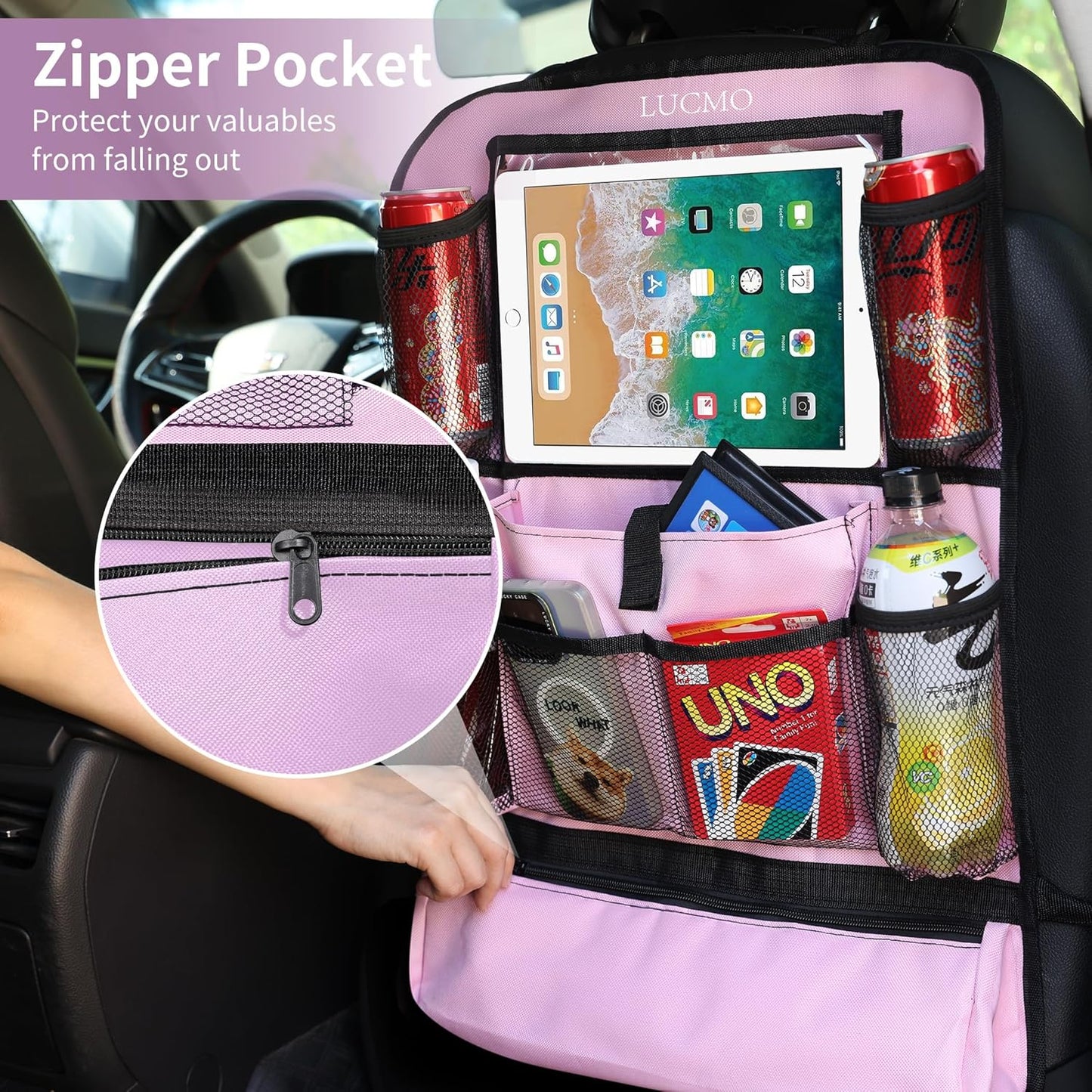 LUCMO Car Backseat Organizer with Touch Screen Tablet Holder-2 Pcs,9 Storage Pockets Car Storage Organizer Protectors Kick Mats Travel Accessories for Kids-Pink
