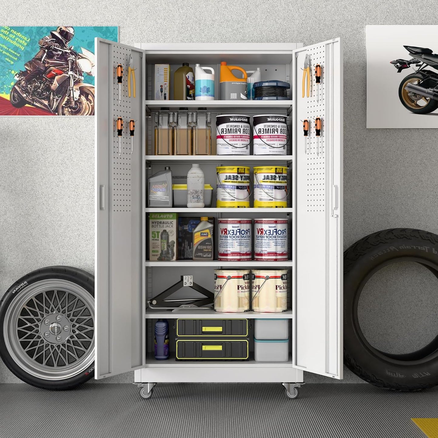 71" H×32" W×16" D Garage Storage Cabinet with Wheels, Locking Metal Storage Cabinet with 5 Adjustable Shelves, 4 Hooks and Pegboard for Garage, Home Office, Kitchen, Assembly Required, White