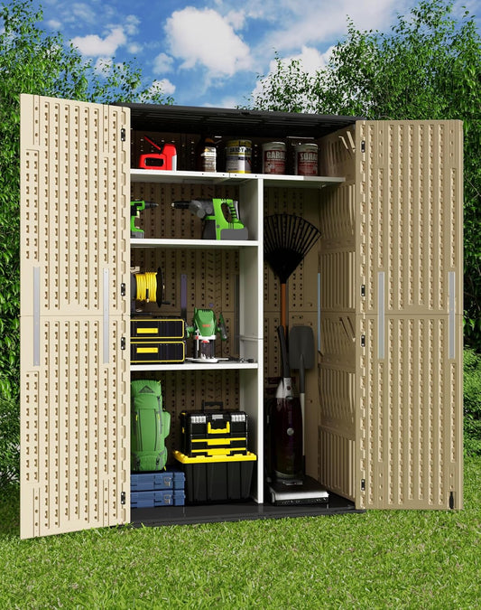 60 Cu.Ft Vertical Outdoor Storage Shed, Weatherproof Outdoor Tall Cabinet, Lockable Resin Shed with Double-Wall Panels and Floor for Garden, Garage, Patio(Shelves Not Included)