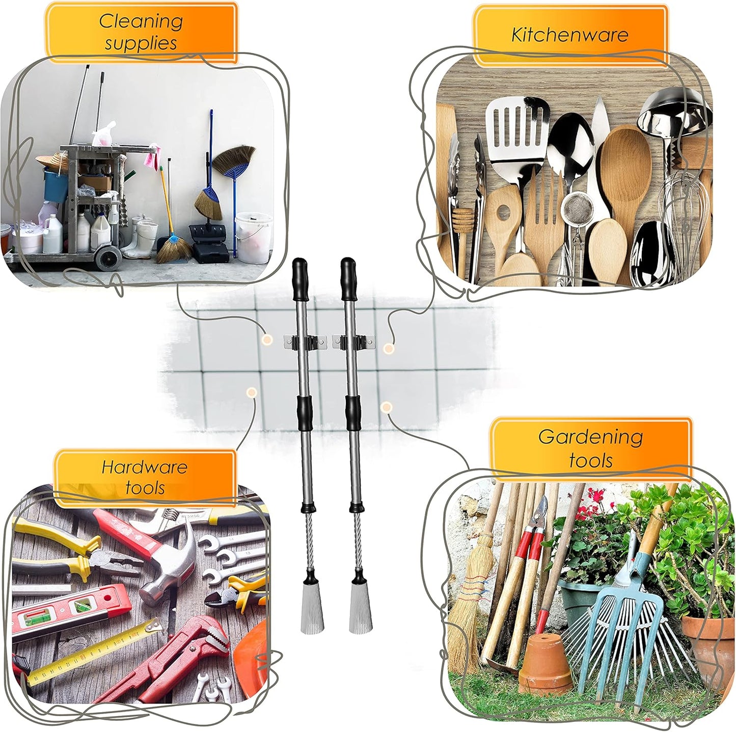 Self Adhesive Broom and Mop Holder Wall Mounted – SUS304 Stainless Steel 2-Slot Organizer with Anti-Slip Rubber Grips, 25lb Load, Adjustable for 0.6–1.4" Handles, Garage Kitchen Bathroom Use, 6 Pcs