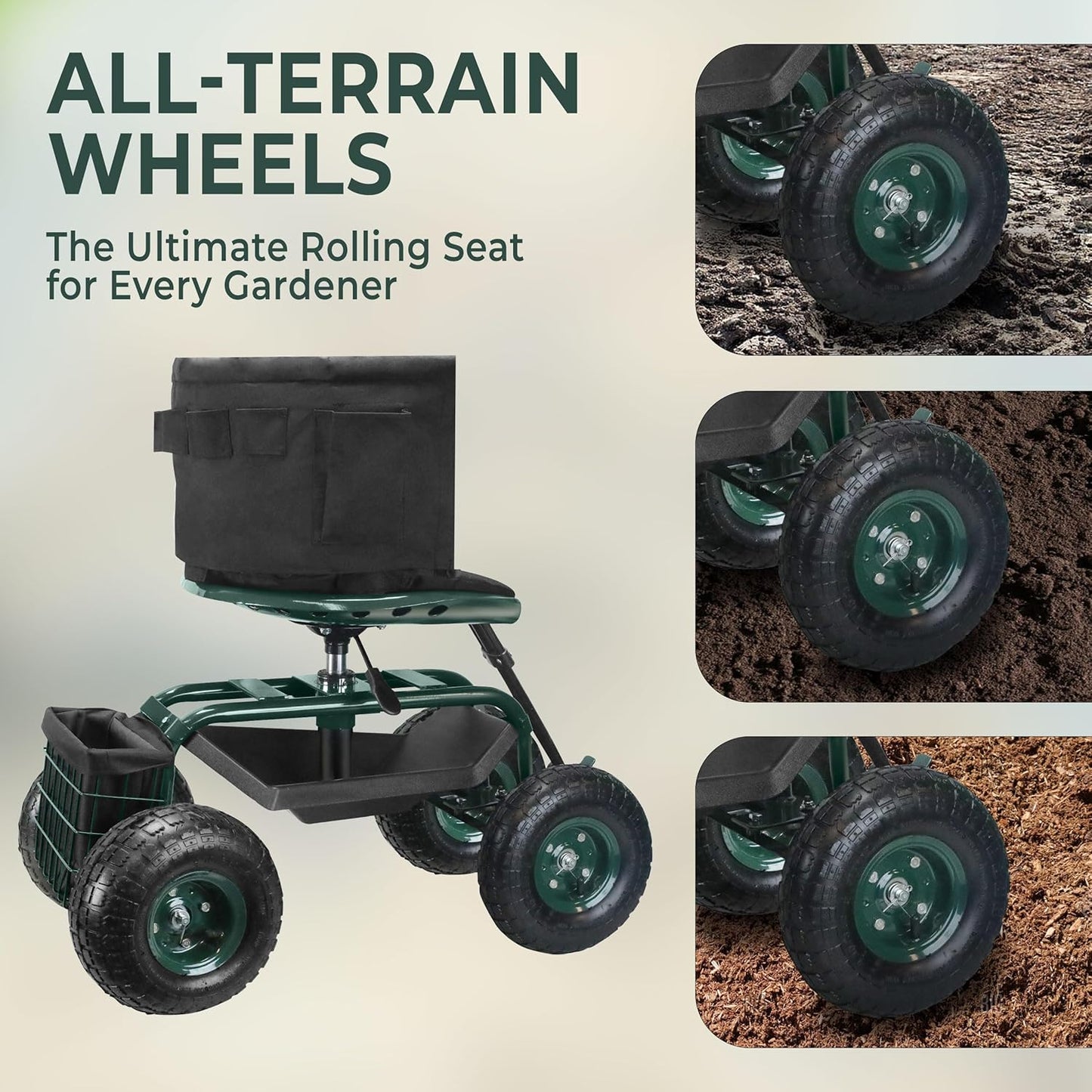 Garden Seat with Wheels – Adjustable 360° Swivel Gardening Stool with Hydraulic Height Adjustment, Ergonomic Backrest, and Tool Storage – Rolling Stool for Garden, Yard, and Outdoor Use