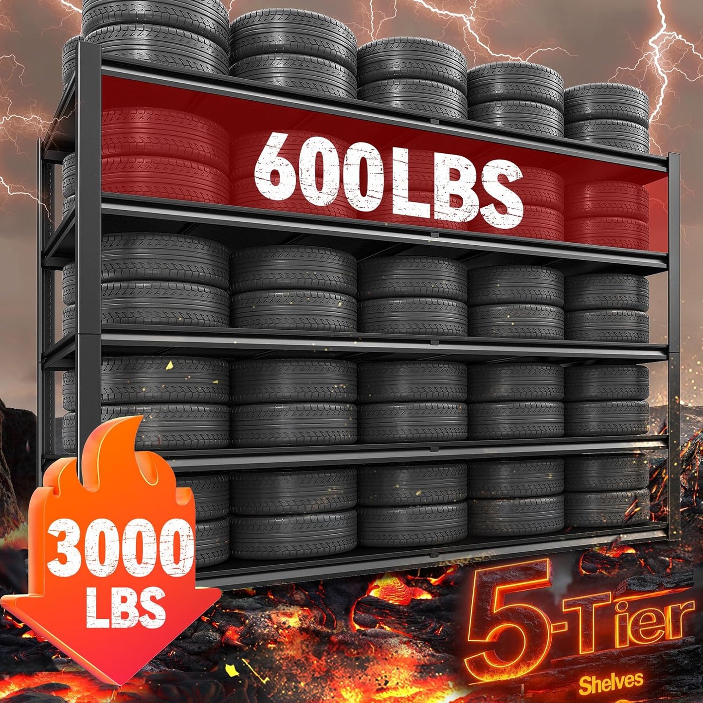 REIBII 78" H Garage Shelving, Storage Shelves Heavy Duty Load 3000LBS, Adjustable Heavy Duty Shelving, 5 Tier Metal Shelving Unit for Storage Rack, Basement, 55" W x 26" D x 78" H, Black