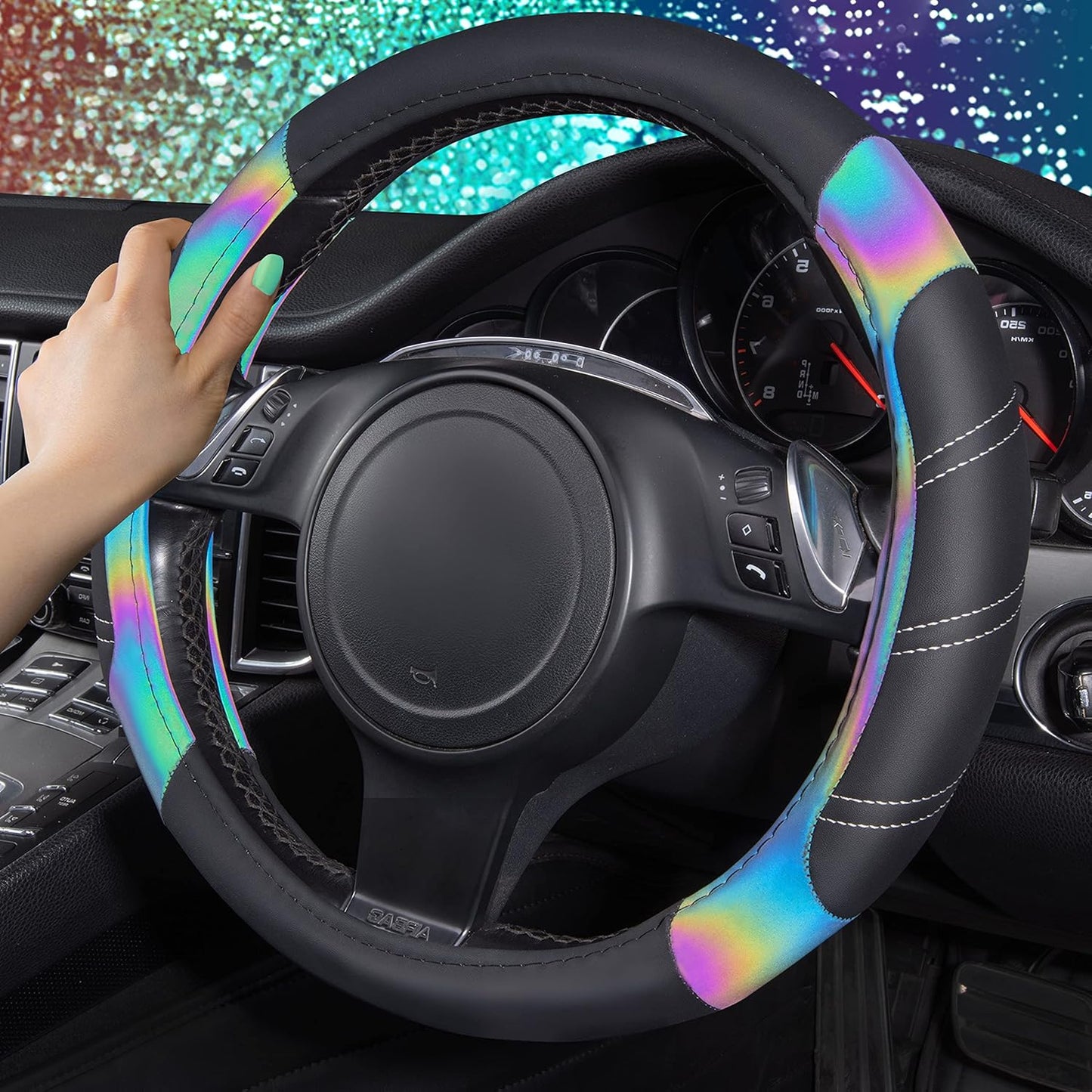 CAR PASS Line Rider Microfiber Leather Sporty 14.5-15 inch Steering Wheel Cover Universal Fits for 95% Truck,SUV,Cars, Anti-Slip Safety Comfortable Design (Black Reflective)