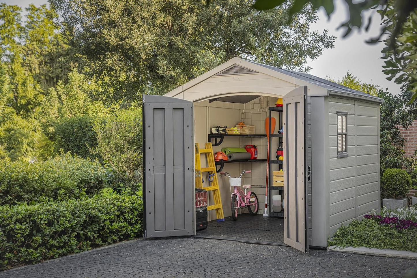 Keter Factor 8x8 Foot Large Resin Outdoor Shed with Floor for Patio Furniture, Lawn Mower, and Bike Storage, Taupe & Brown