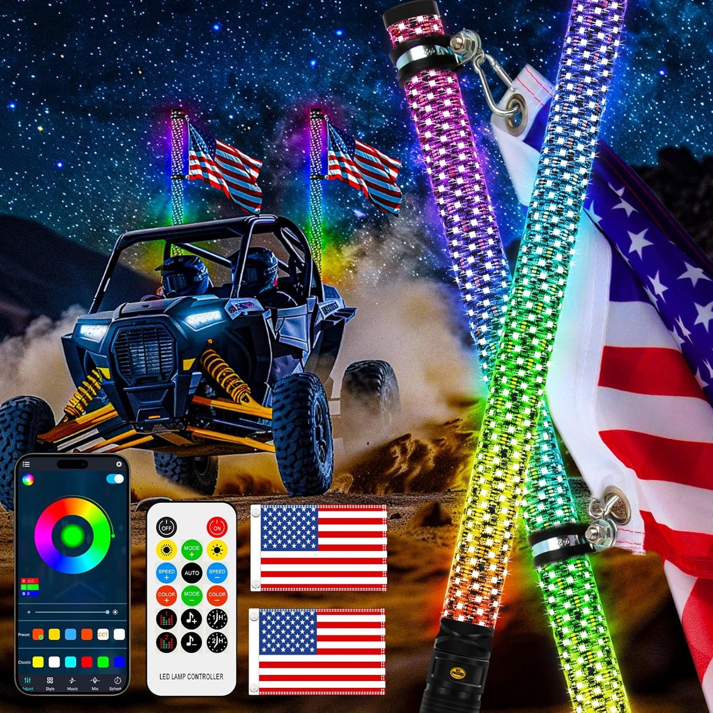 DREAMIZER 2PCS 3FT RGB Whip Lights for UTV ATV Brighter Spiral Chasing Lighted Antenna Whip for Side by Side with APP and Remote Control for Jeep Off-Road RZR Polaris Truck Car 4X4 Sand Buggy Dune