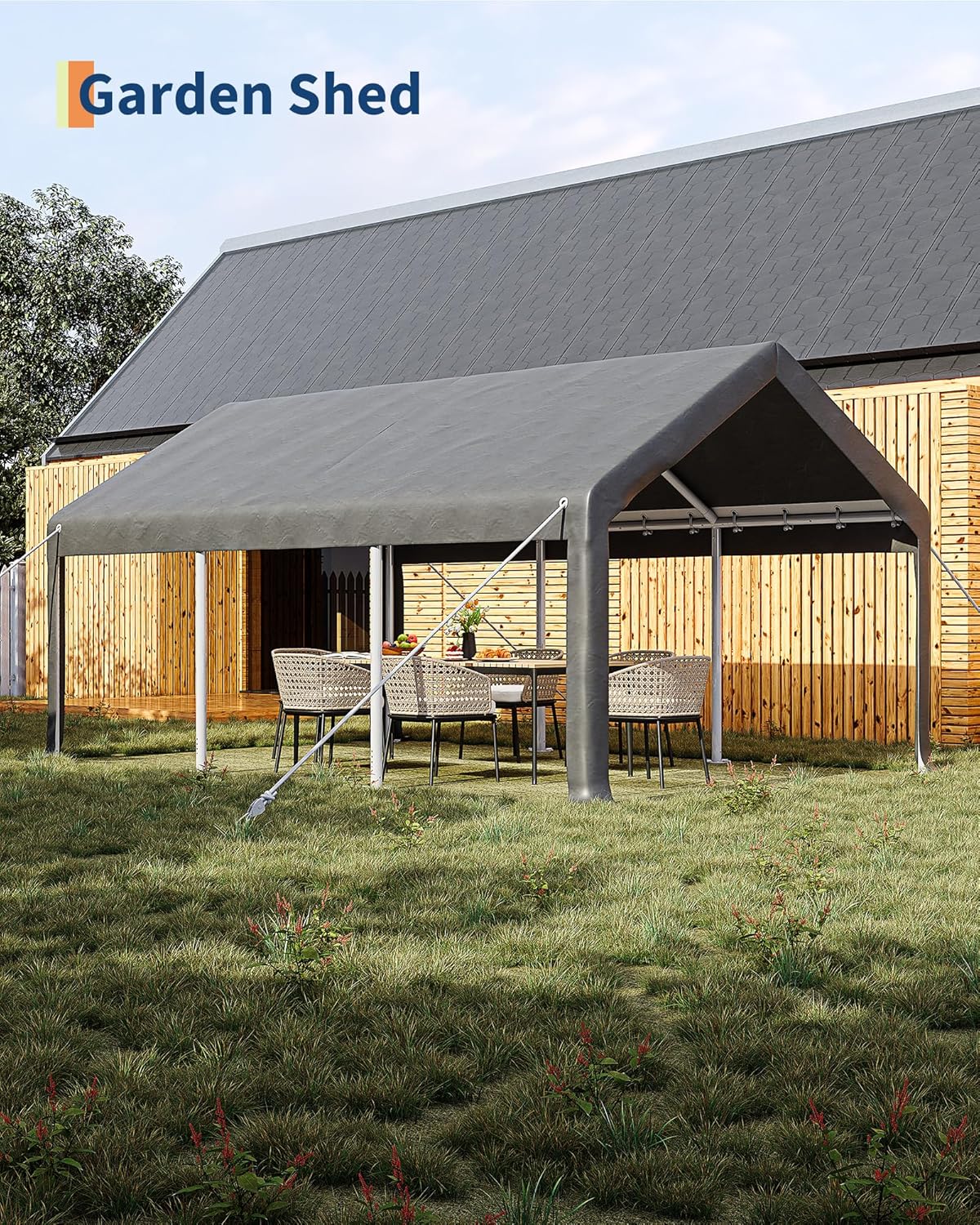 13x20 Ft Carport with 8 Sandbags, Car Port with 220g PE Tarp, 2 Roll-Up Doors, and 4 Windows, for Full-Size Pickups, Bass Boats, Tractors, and SUVs, Gray