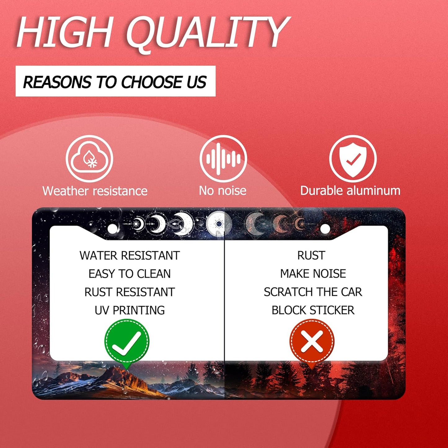 Moon Phases License Plate Frame Starry Sky Forest Moon License Plate Frames Funny Auto Accessories Bracket Stainless Steel License Plate 6.3x12.3 Inch for Women Men