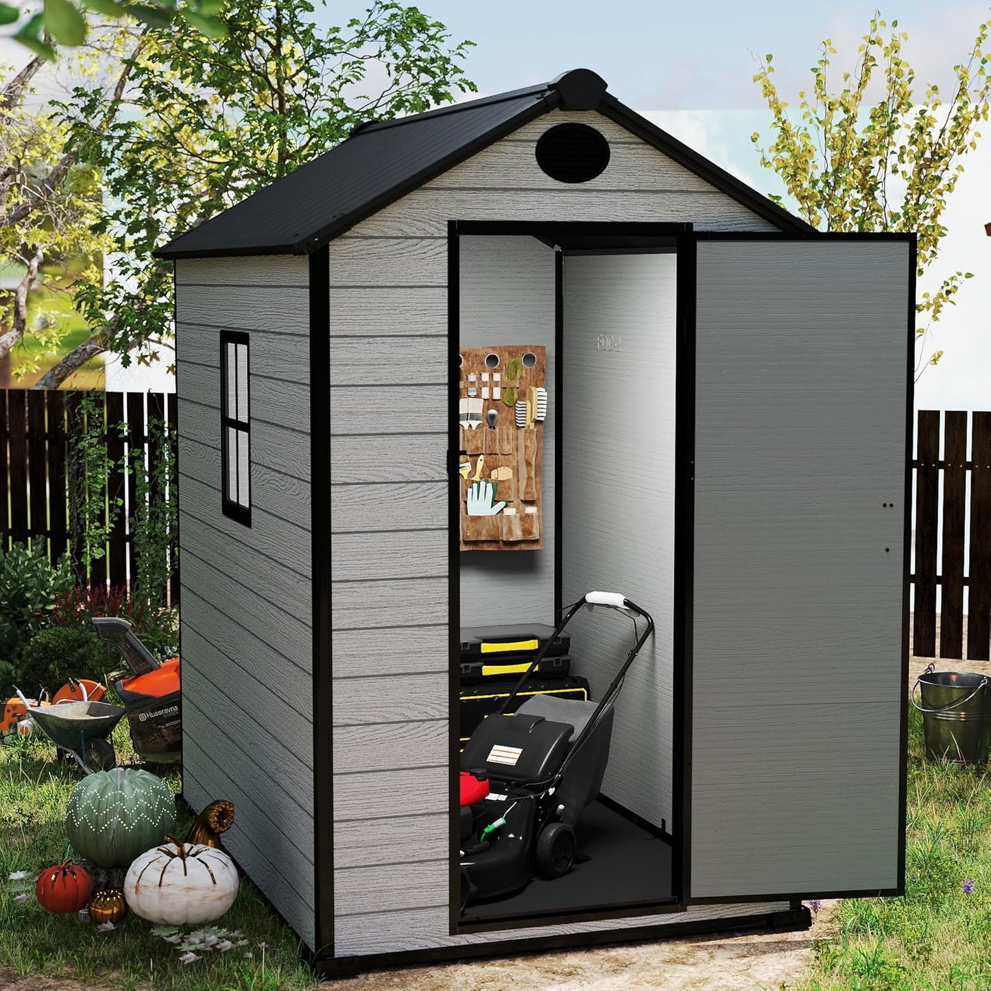 4 x 6 FT Shed Resin Outdoor Storage with Floor, 230 cuft Plastic Shed with Window and Lockable Door for Garden, Backyard, with Wood Texture, Grey