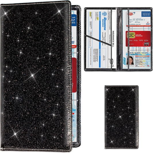 TOURSUIT Car Registration and Insurance Card Holder, Vehicle License Document Glove Box Compartment Organizer, Interior Car Accessories for Women Men Teens (Glitter Black)