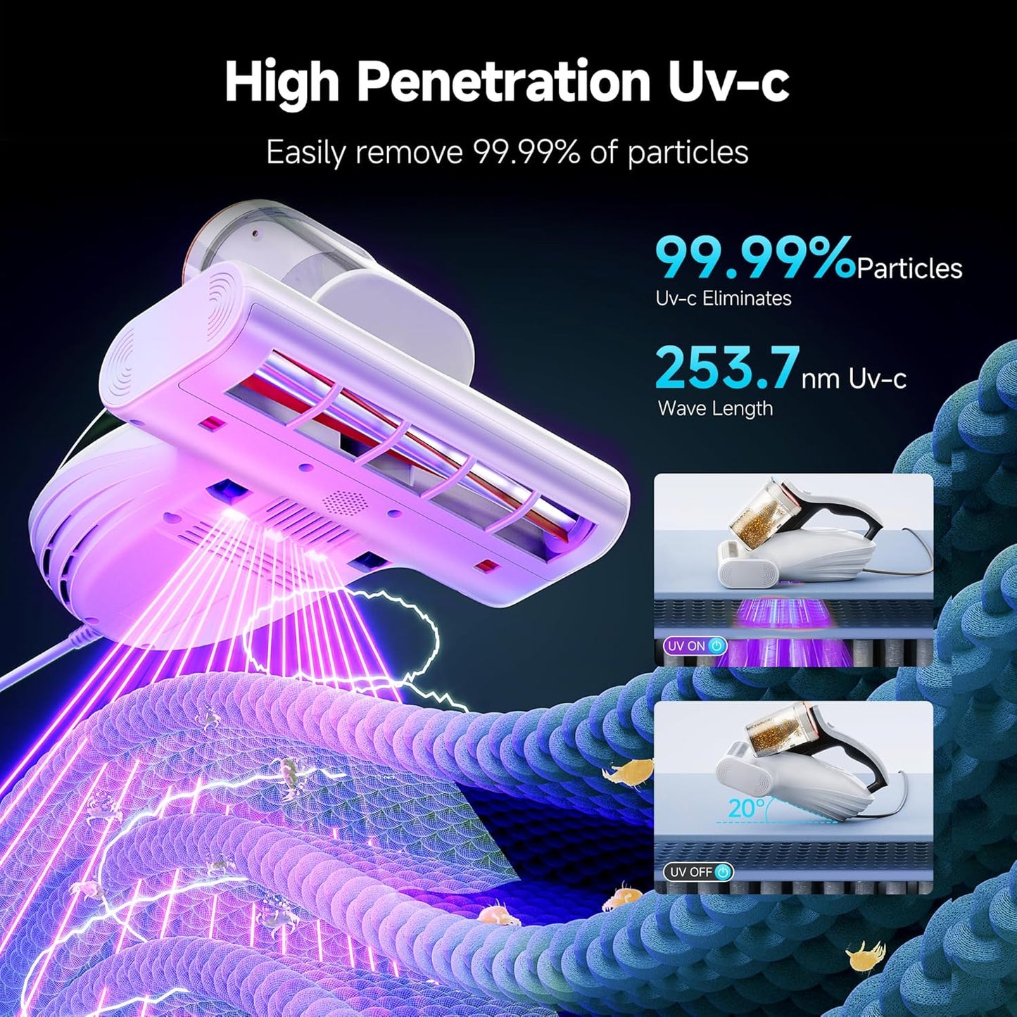 uwant Bed Cleaner with 16Kpa Suction Metal Roller 253.7nm Uv-c Light Mattress Vacuum Cleaner 36000RPM/Min 149℉ Heating HEPA Filter&Ultrasonic Mattress Vacuum for Sofa, Pillow, Bed Throws, Vanilla