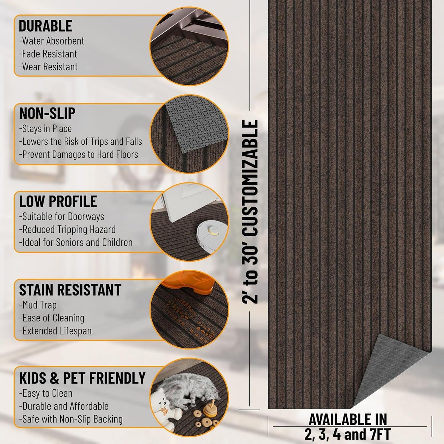 Ottomanson 2'7" x 14' Hallway Runner with Scraper Pile - Extra Durable Non-Slip Rug Mat for Indoor & Outdoor Use - Ideal for Kitchen, Entryway & Garage - High-Traffic Carpet, Brown