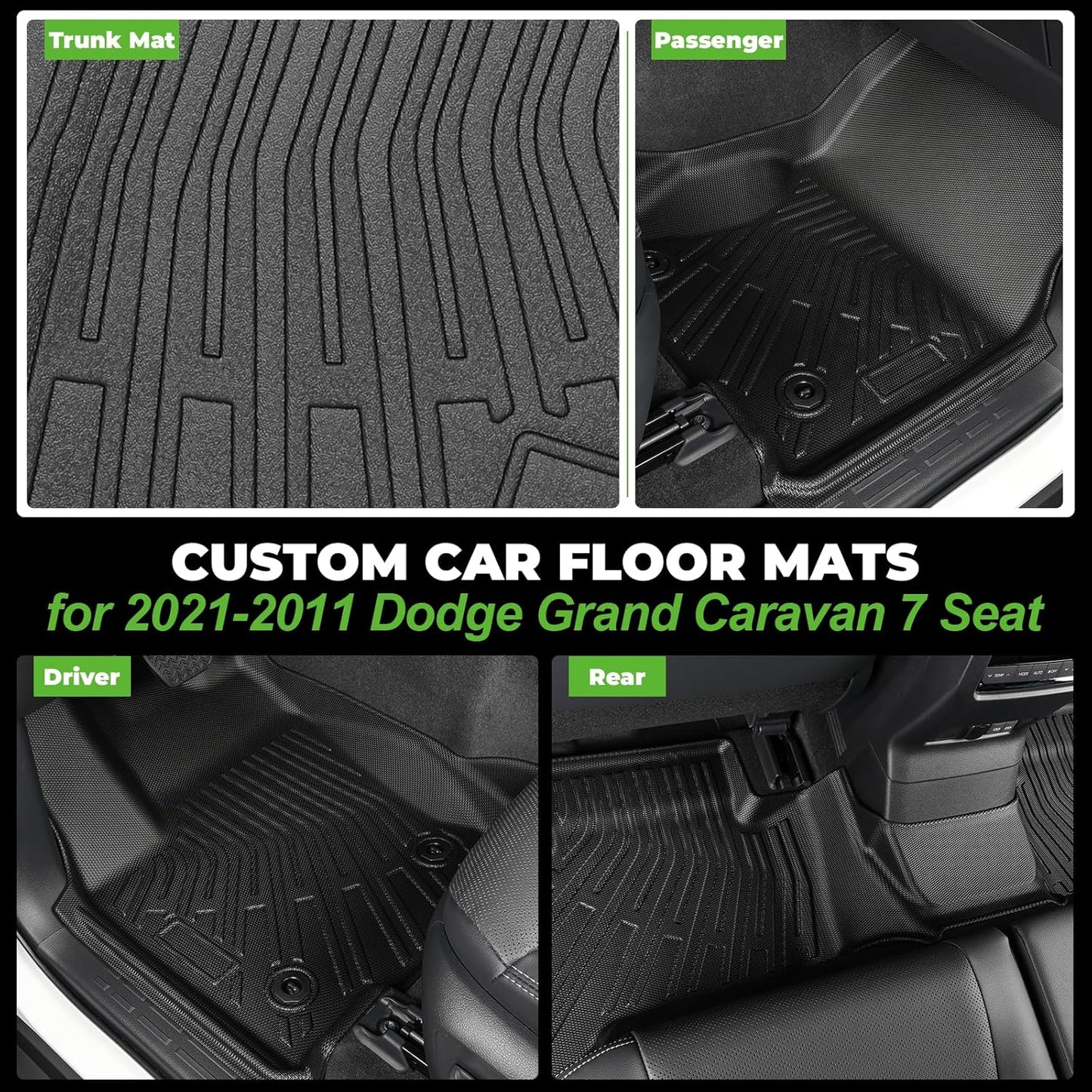Floor Mats & Cargo Liner Set Fit for 2021-2011 Dodge Grand Caravan 7 Seat All Weather Protection TPE Anti-Slip Automotive Full Set Floor Liners Custom Dodge Grand Caravan Accessories
