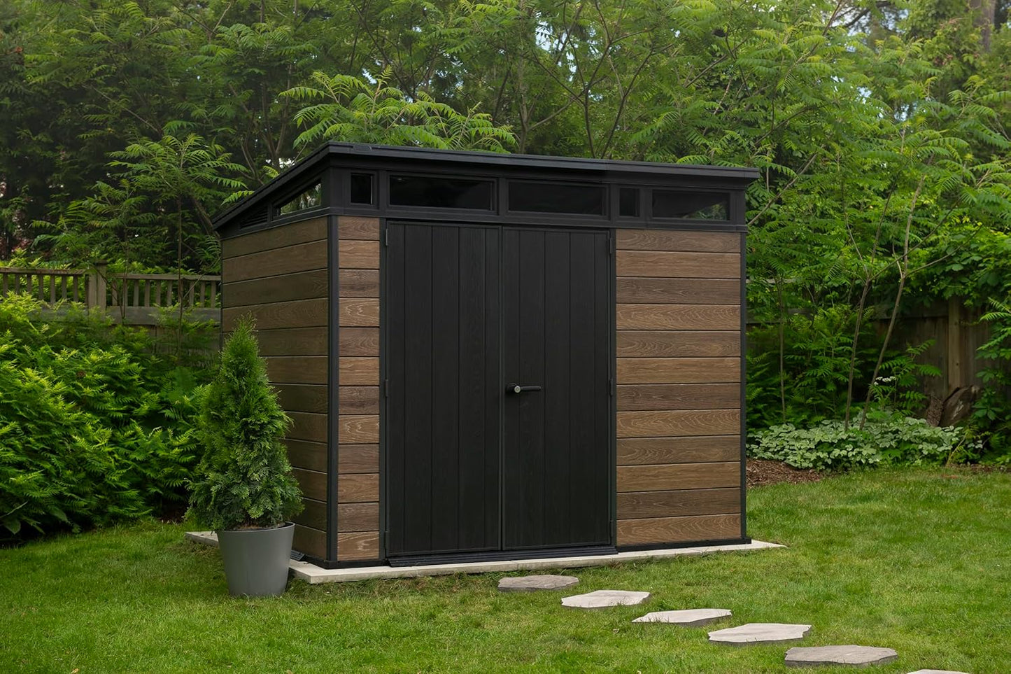 Keter Signature Collection 9x7 Ft All-Weather Storage Shed with Skylight, Window, Built-in Ventilation, Customizable Walls, & Lockable Double Doors, Walnut