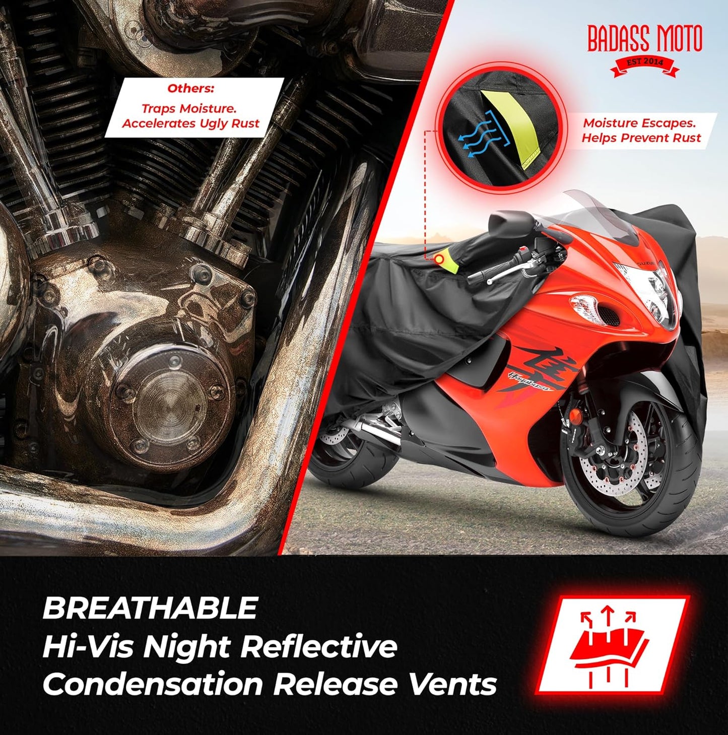 Badass Moto Ultimate Motorcycle Cover Waterproof Outdoor, Heavy Duty Motorcycle Cover for Harleys - Motorcycle Sun Cover, Fits Harley Davidson Motorcycle Covers, Street or Sportbike Cover - Small