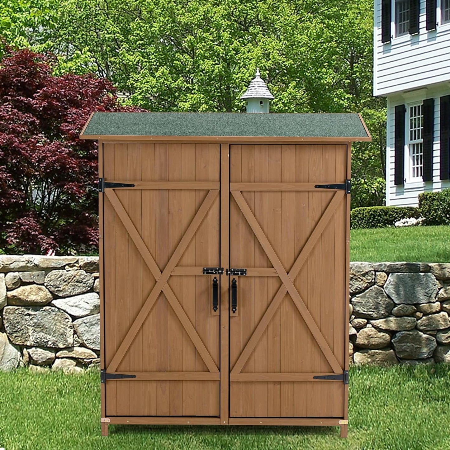 56" L x 19.5" W x 64" H Tall Outdoor Wooden Storage Shed with Lockable Doors, Waterproof Asphalt Roof, Removable Shelves for Garden Tools,Yellow Brown