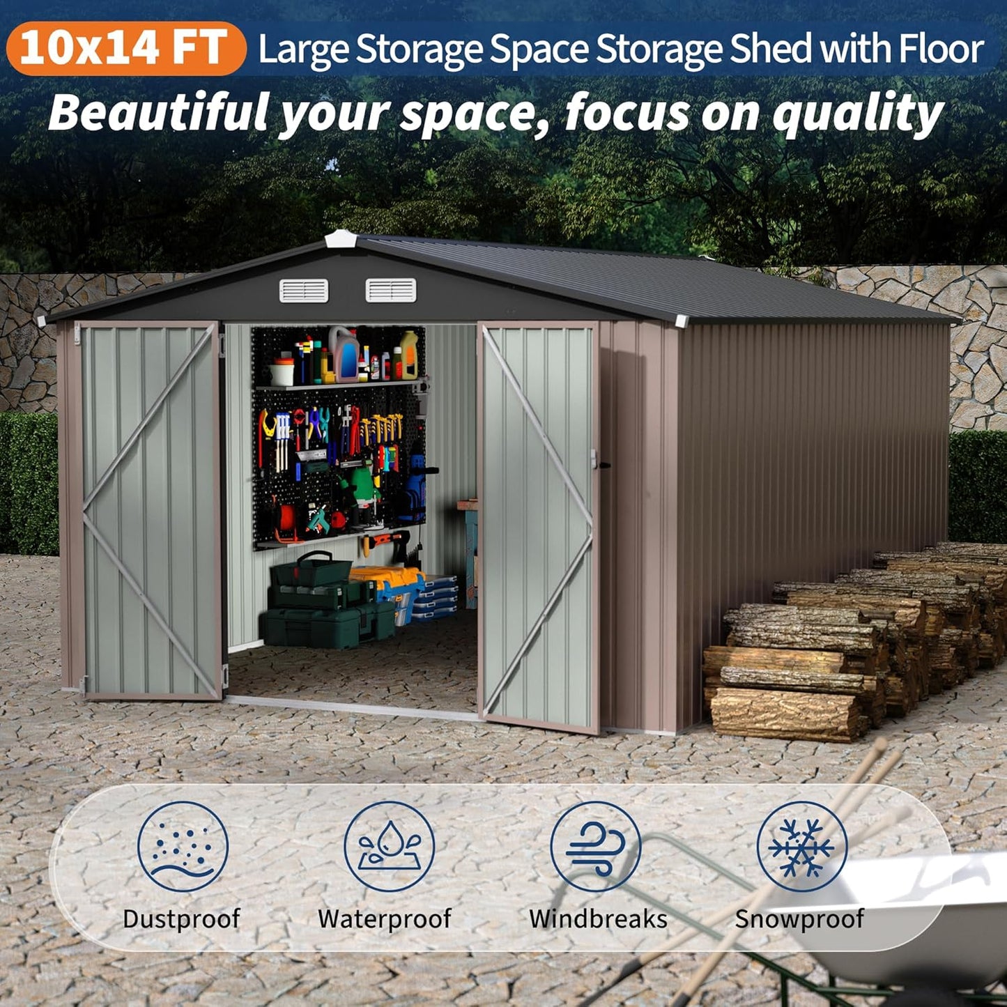 10x14 FT Metal Storage Sheds Outdoor, Metal ToolShed with Lockable Door, Metals Yard Sheds Metals Garden Shed Kit, MetalUtility Sheds Buildings with Air Vent for Backyard Garden Patio Lawn