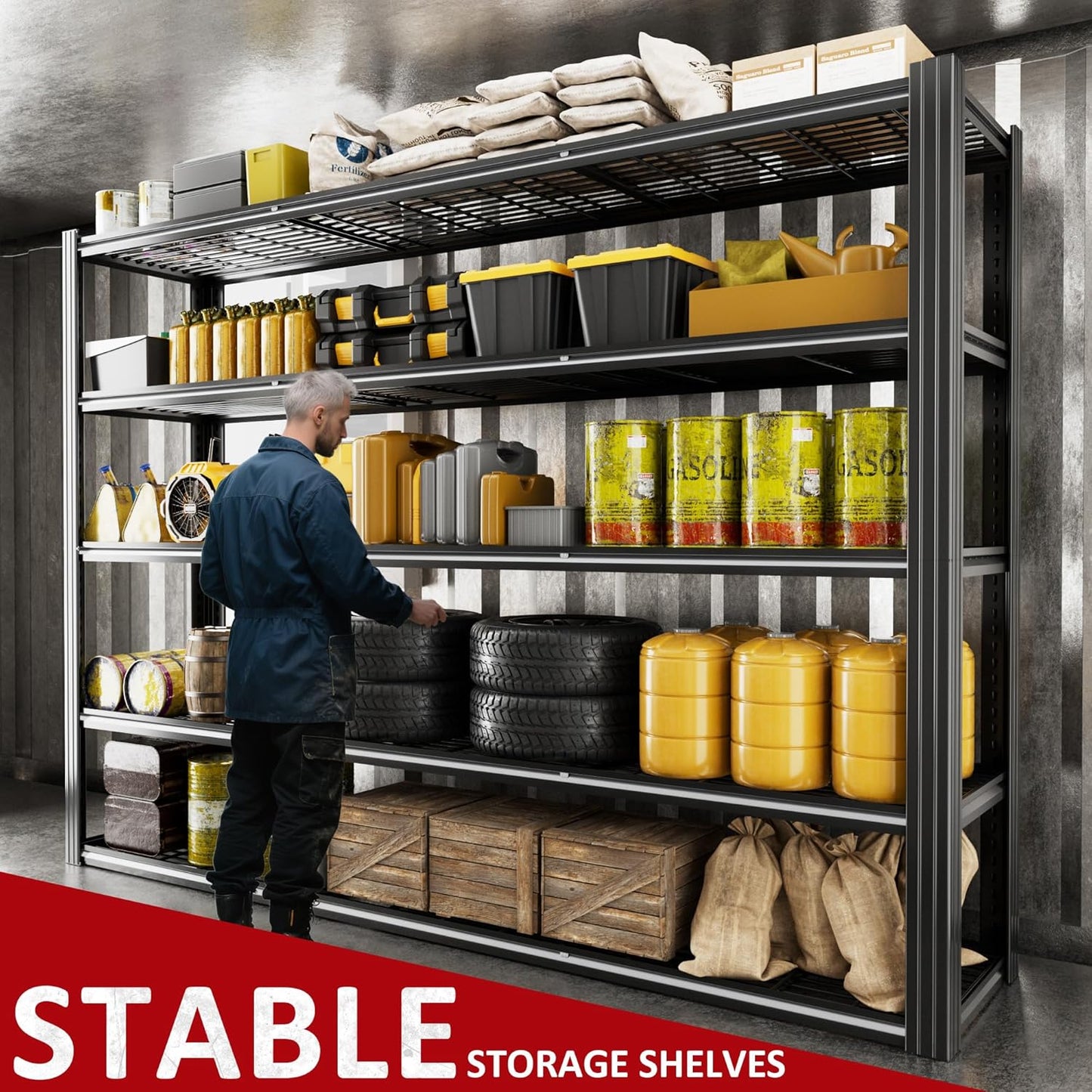 60" W Garage Shelving 5-Tier Storage Shelves Adjustable Metal Shelving Units 3030LBS Storage Shelves Heavy Duty for Industrial, Warehouse, Basement,72" H × 60" W × 24" D