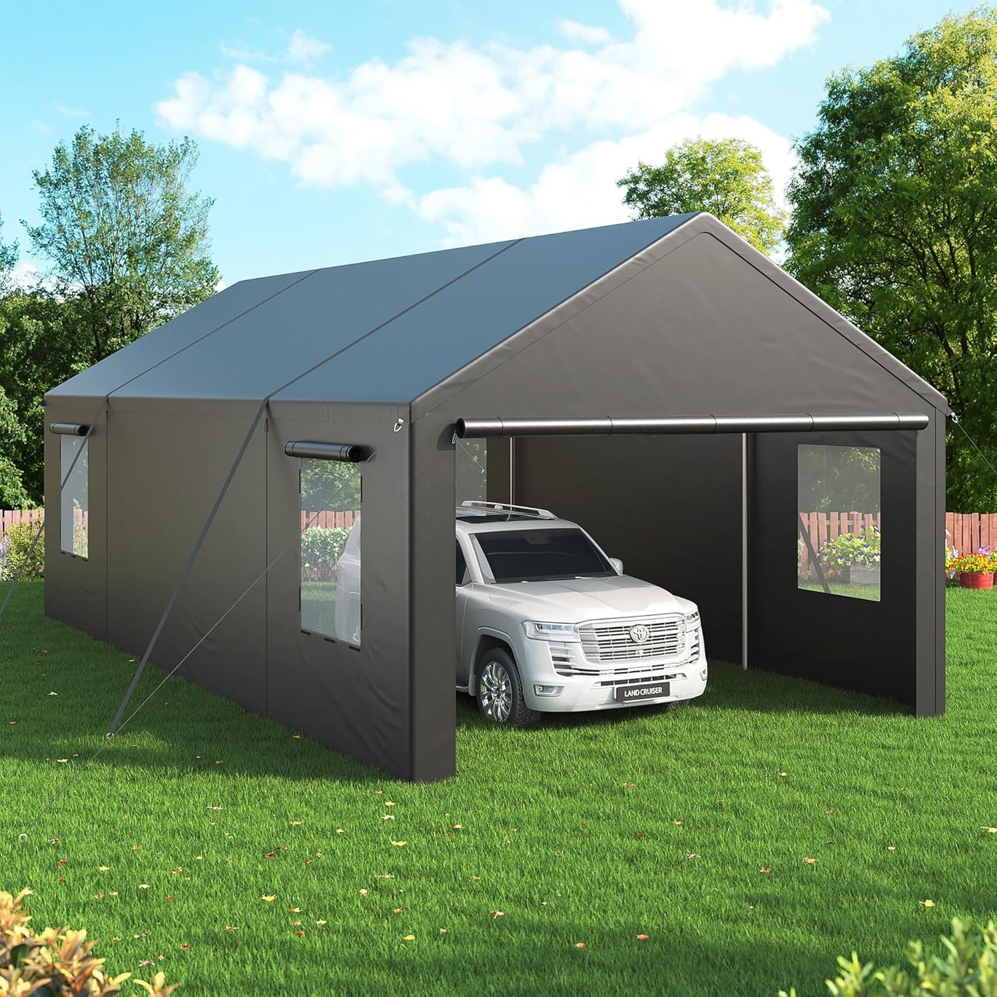 Polar Aurora 13x25 FT Carport, Carport Canopy, Heavy Duty Car Port with 2 Side-Opening Door & Roll-Up Windows, Portable Garage for Car, Truck, Boat, Motorcycle