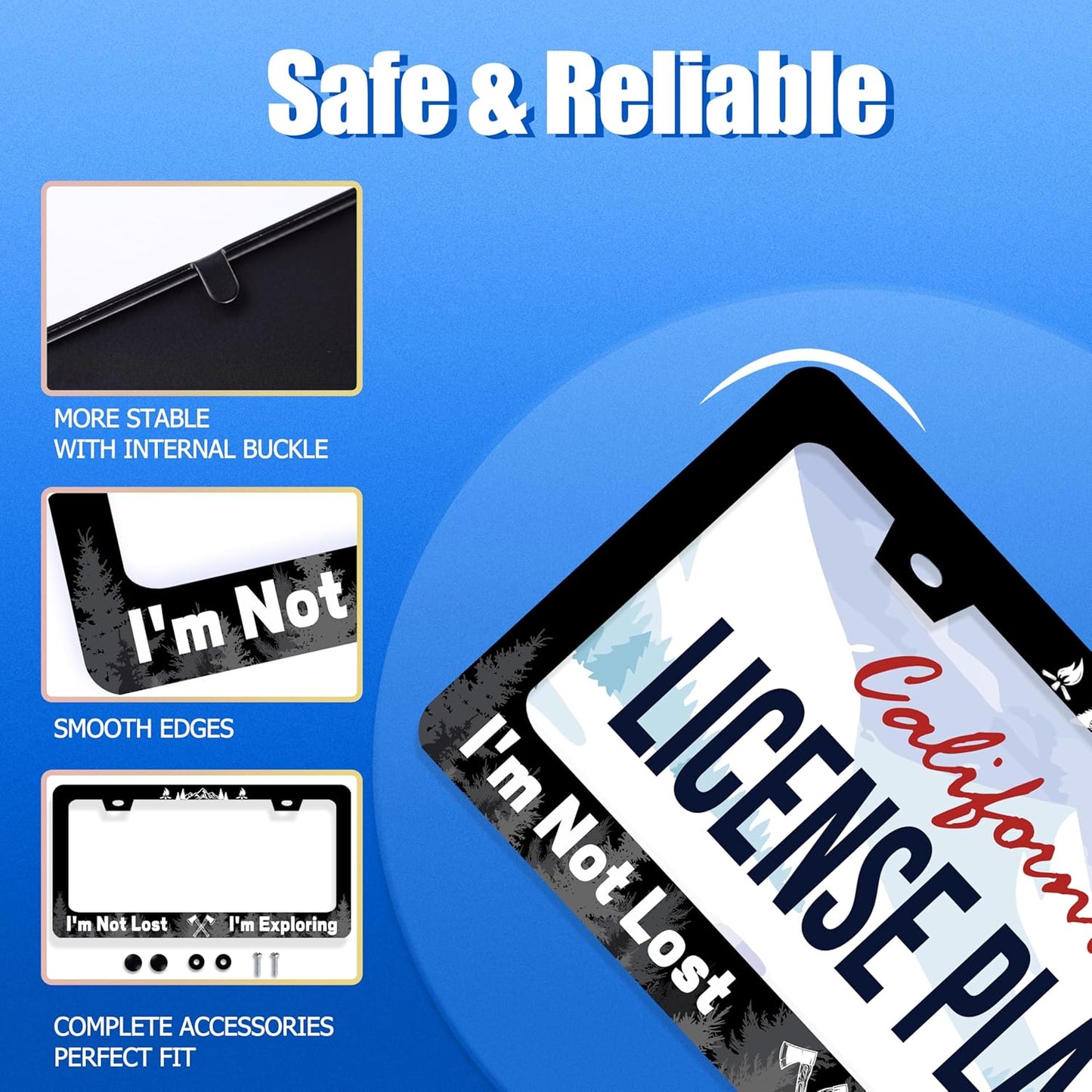 Funny License Plate Frame I'm Not Lost I'm Exploring License Plate Stainless Steel Mountain License Plate Holder Black Car Accessories Decoration With 2 Screws Fits Standard Vehicles Size 12.3" x 6.3"