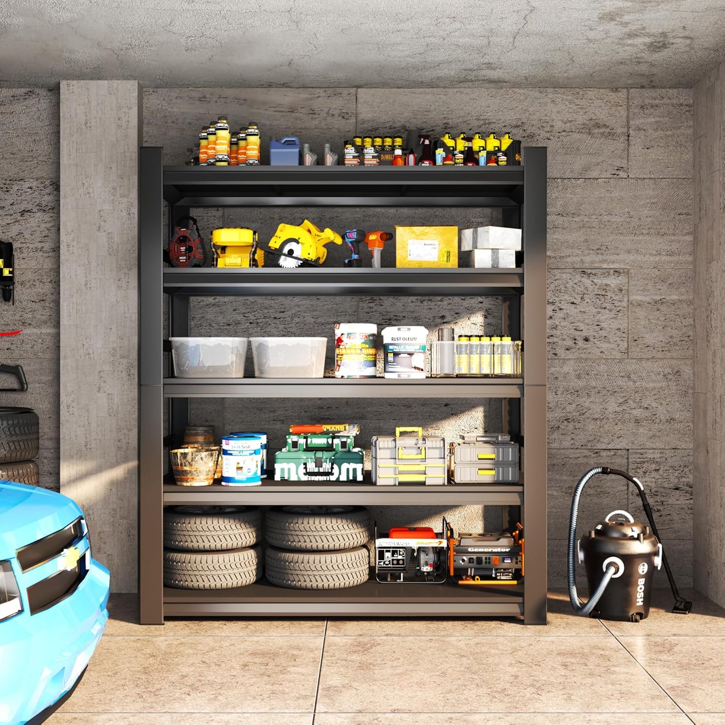 Heavy Duty Garage Shelving, 87" H x 47.2" W x 23.6" D, 3000 lbs Load Capacity, Sturdy Steel Metal Shelves for Storage, Industrial Black 5-Tier Shelving Rack for Garage, Basement, and Workshop