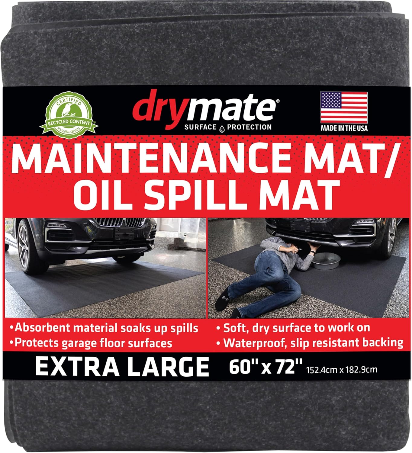 Drymate Premium Maintenance Mat Oil Spill Garage Floor Mat (60" x 72"), Absorbent, Waterproof, Contains Liquids, Protects Garage Surface or Driveway, Reusable, Washable, Durable (USA Made)
