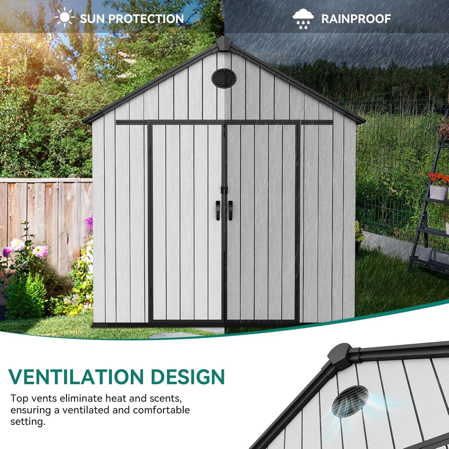 YITAHOME 8x16 FT Outdoor Storage Shed with Floor, Waterproof Plastic Garden Shed with Lockable Doors, 2 Vents & 3 Windows, 875 cu. ft. Resin Shed for Tools, Bikes, Patio or Backyard, Gray