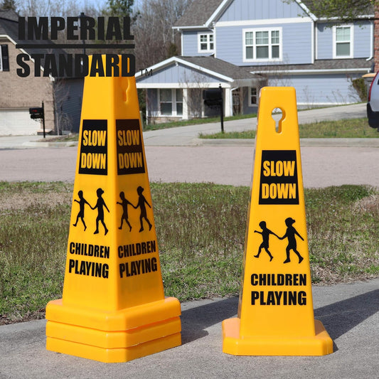 Imperial Standard Children Playing Cone (4 Pack) - Children At Play Sign - Four-Sided Slow Down Kids Cones - Child At Play Signs - Drive Slow/Kid Alert Sign