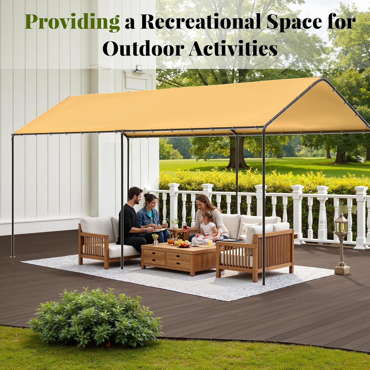 Carport, 10‘ x 20’ Heavy Duty Portable Garage All-Season Car Canopy w/Removable Sidewall & Doors, Carport Canopy Party Tent w/Water-Resistant Tarp for Backyard (Yellow, 10' x 20' /no Side)