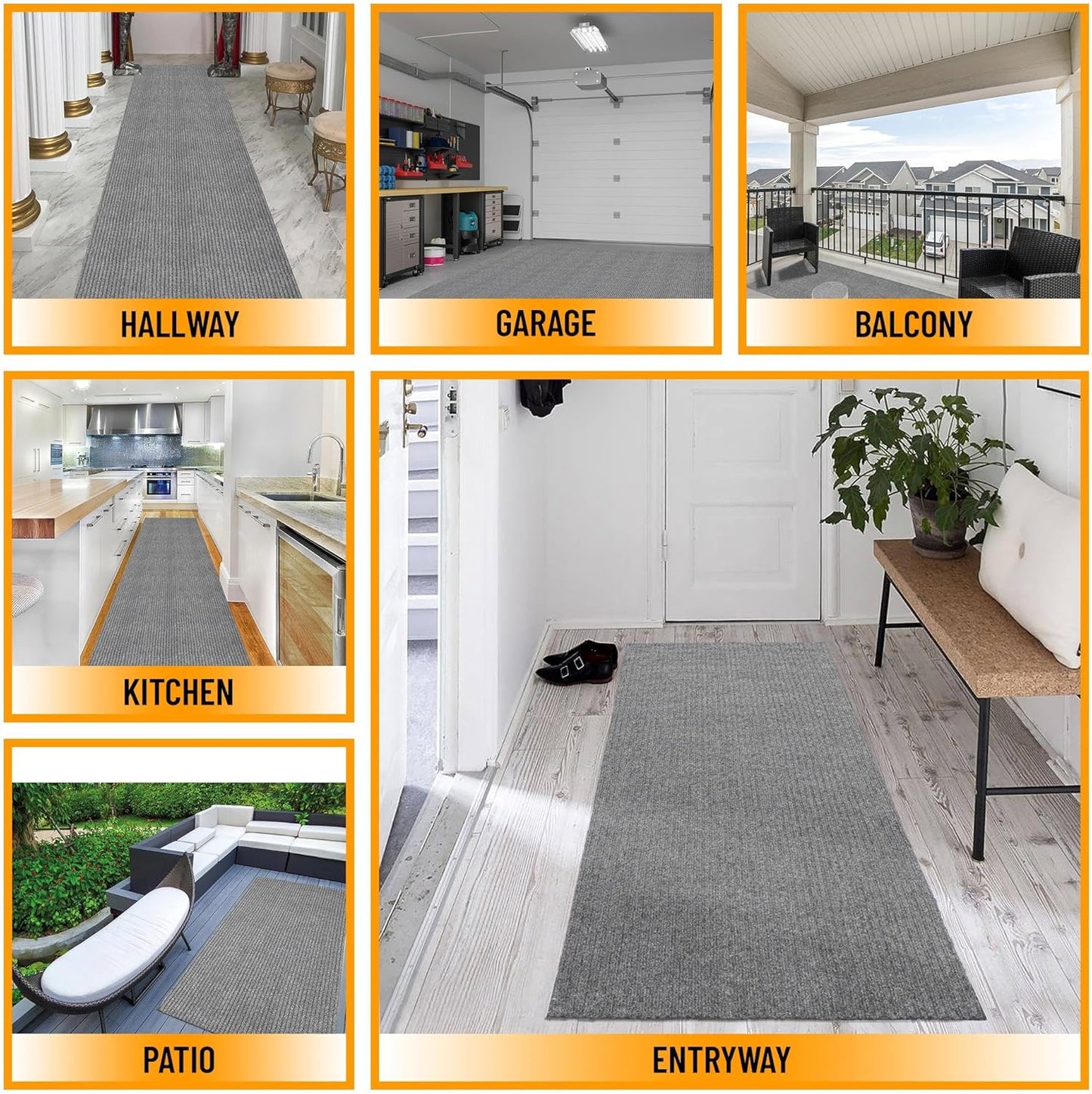 Ottomanson 6'6" x 30' Hallway Runner with Scraper Pile - Extra Durable Non-Slip Rug Mat for Indoor & Outdoor Use - Ideal for Kitchen, Entryway & Garage - High-Traffic Carpet, Gray