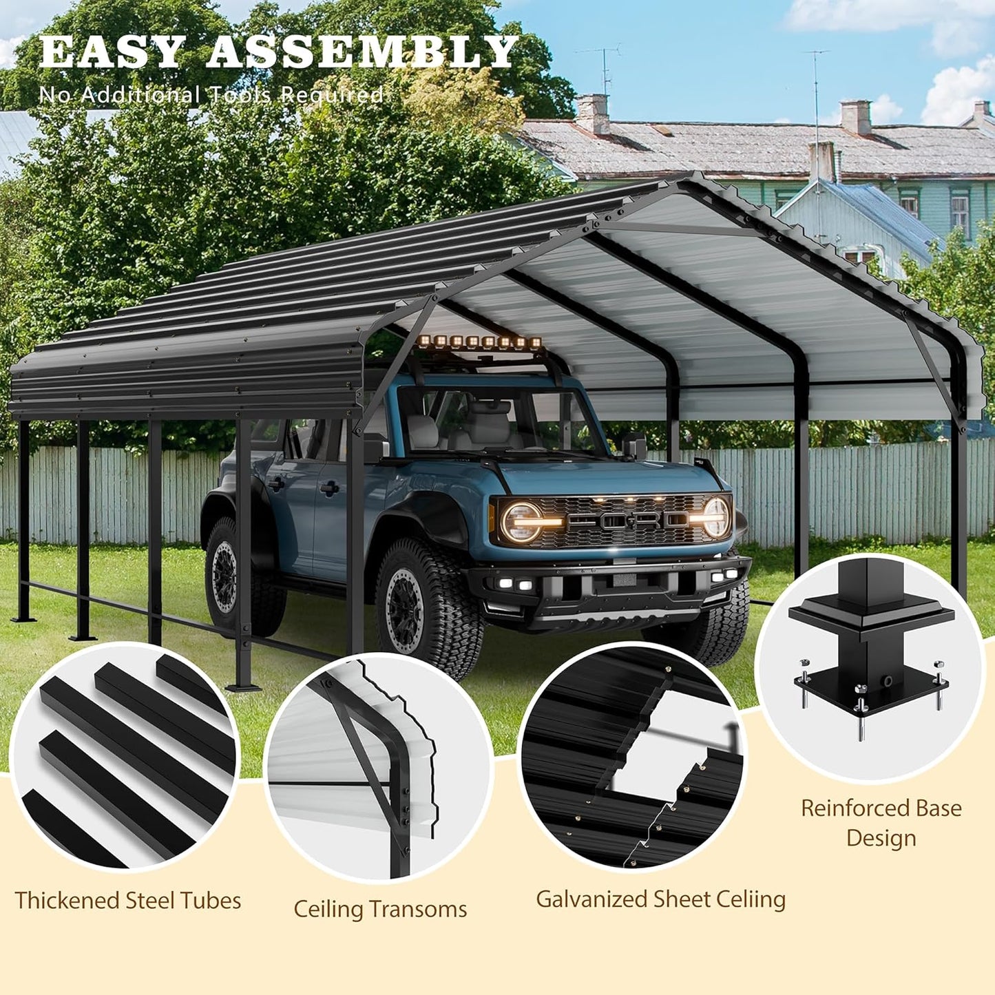 Walsunny Metal Carport 12x20 FT Heavy Duty Carport Canopy with Enhanced Base, Outdoor Car Shelter with Galvanized Steel Roof and Frame Garage for Truck, SUV, Boat, Gray
