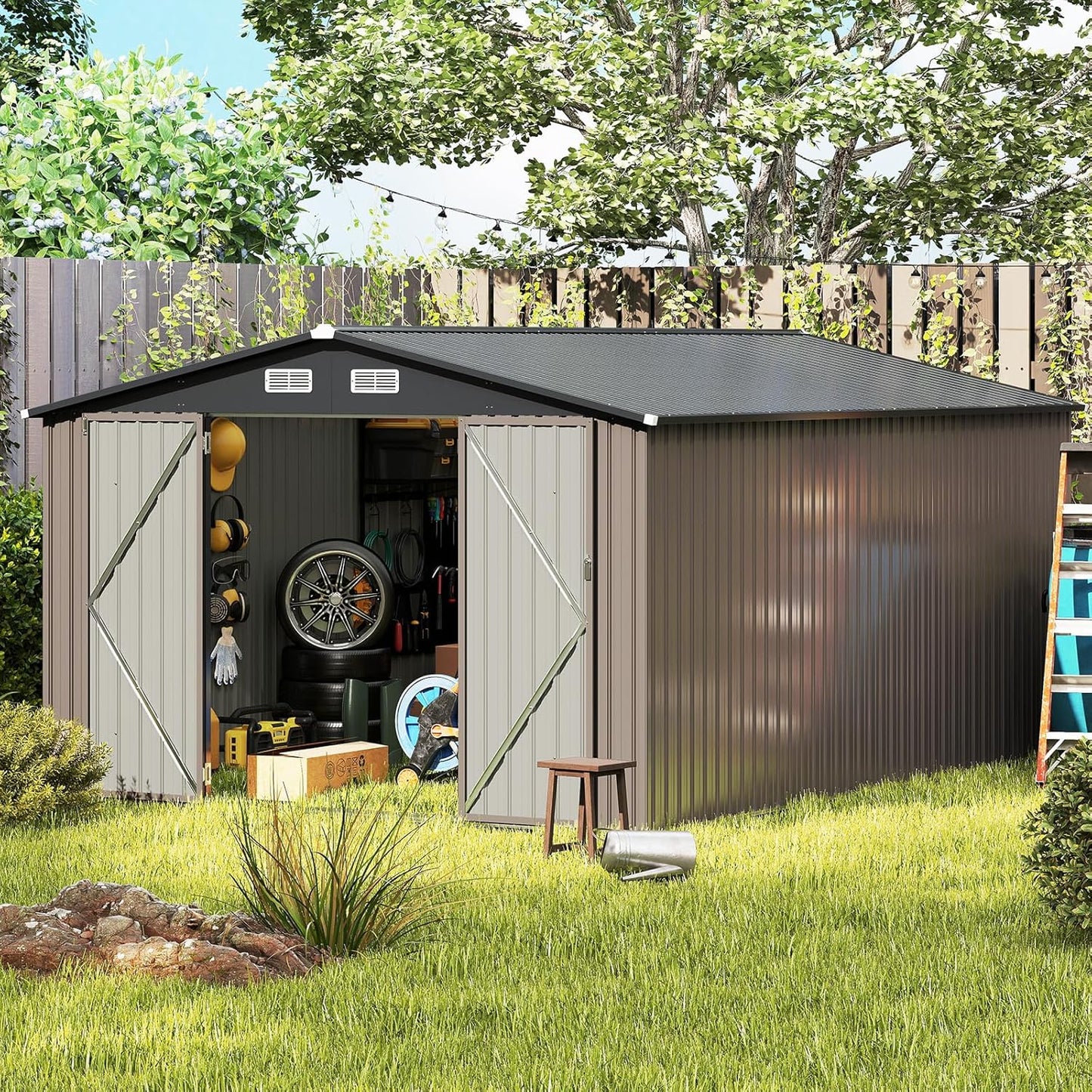 Goplus 10 x 14 FT Outdoor Storage Shed, Large Garden Tool House w/Improved Windproof Metal Structure, 4 Vents, Lockable Door, Waterproof Utility Tool Organizer for Backyard, Lawn, Patio