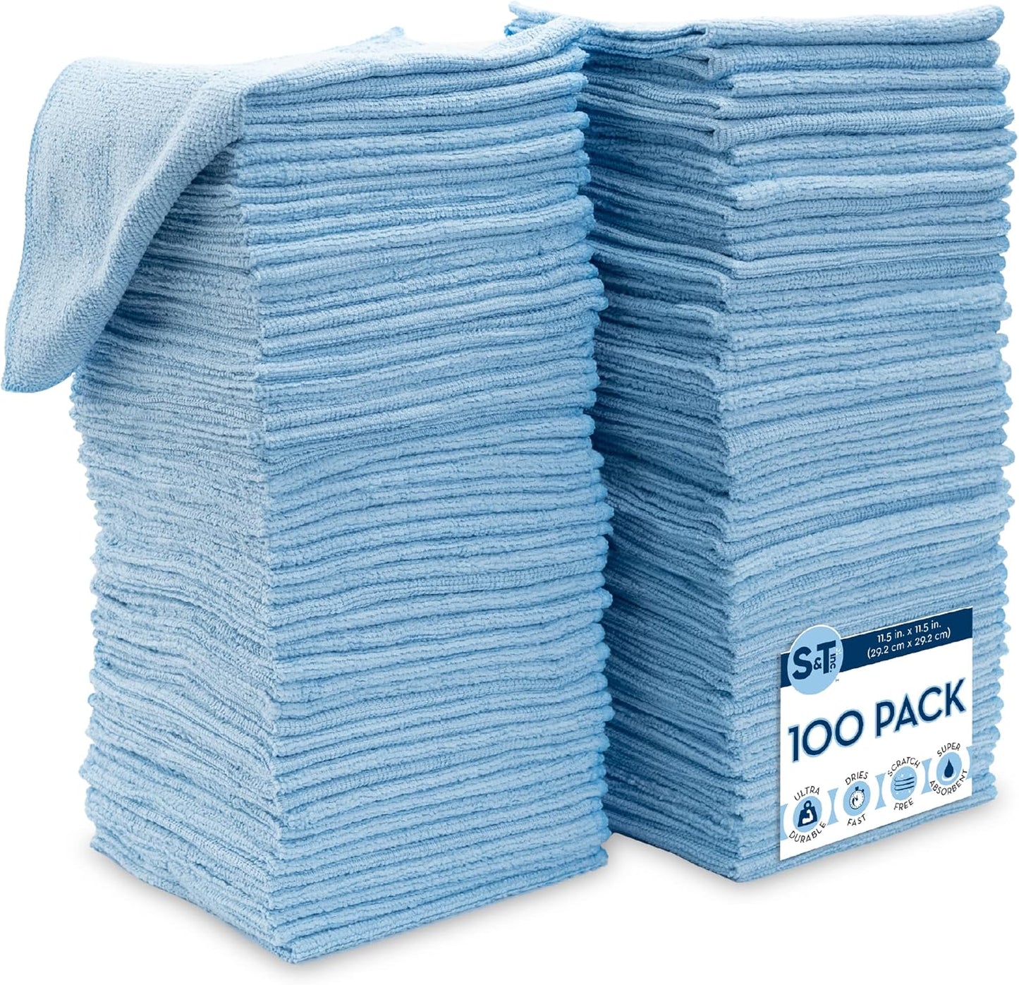 S&T INC. 100 Pack Microfiber Cleaning Cloth, Bulk Towels for Home, Reusable Microfiber Towels for Cars, Cleaning Rags, Light Blue, 11.5 Inches x 11.5 Inches, 100 Count