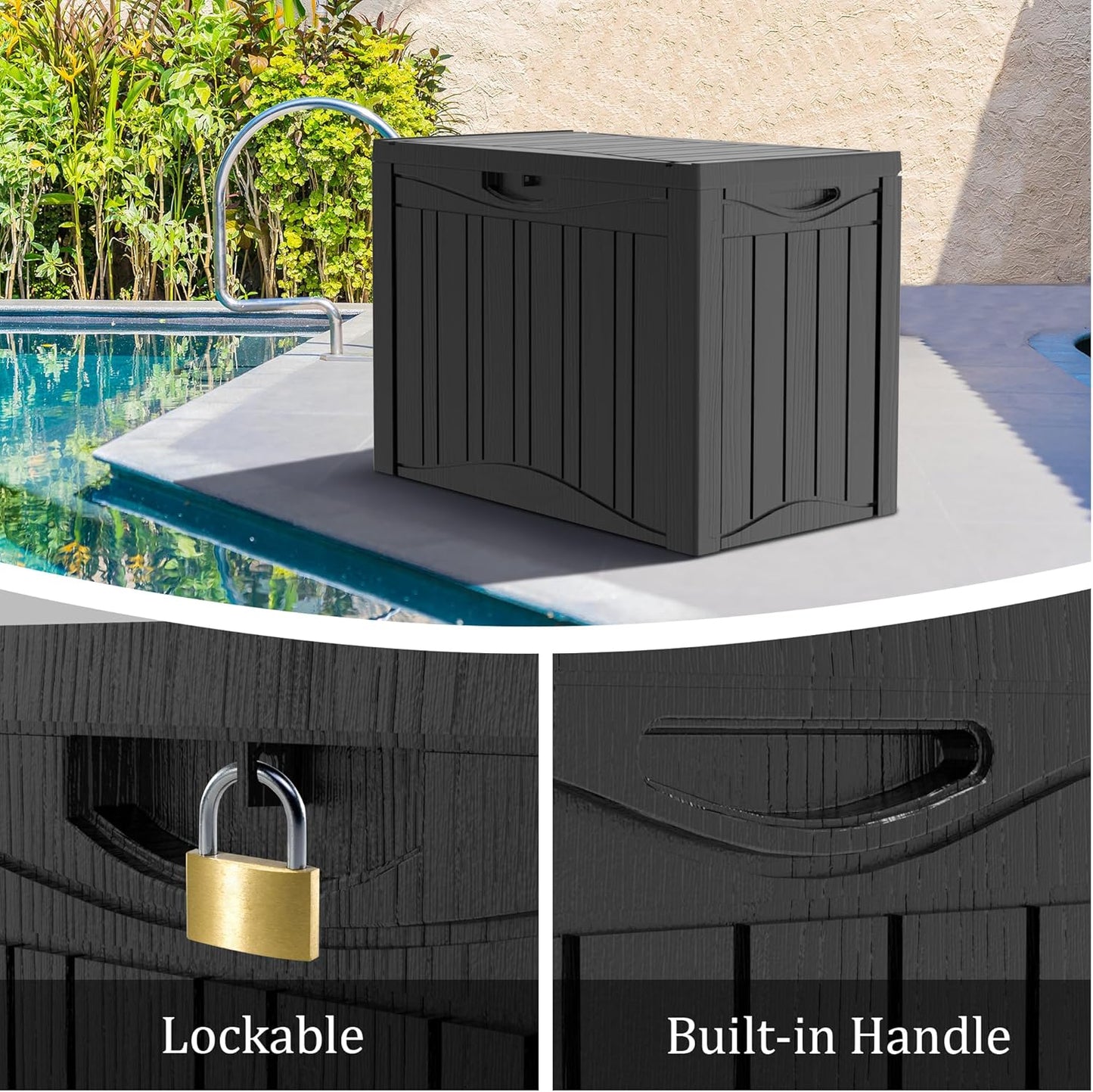 50 Gallon Lockable Resin Deck Box, Waterproof & UV-Resistant Outdoor Storage Box for Outdoor Cushion Storage, Garden Tools & Pool Accessories Storage, Black