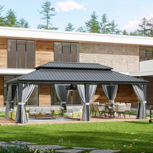 Aoxun 14' X 24' Hardtop Gazebo with Drainage System, Aluminum Outdoor Gazebo with Galvanized Steel Double Roof, Patio Permanent Metal Pavilion with 20 inch Ceiling Fan, for Garden, Deck, Grey