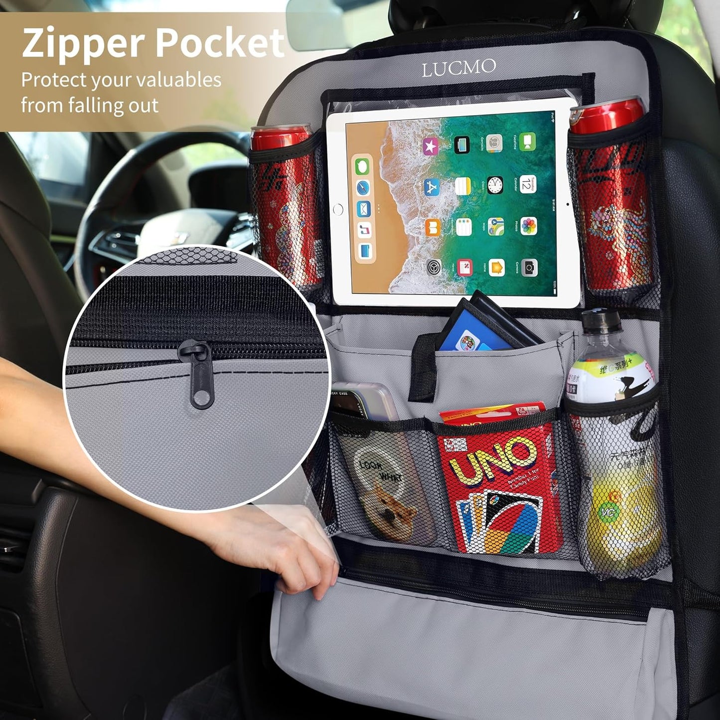 LUCMO Car Backseat Organizer with Touch Screen Tablet Holder-2 Pcs,9 Storage Pockets Car Storage Organizer Protectors Kick Mats Travel Accessories for Kids-Grey