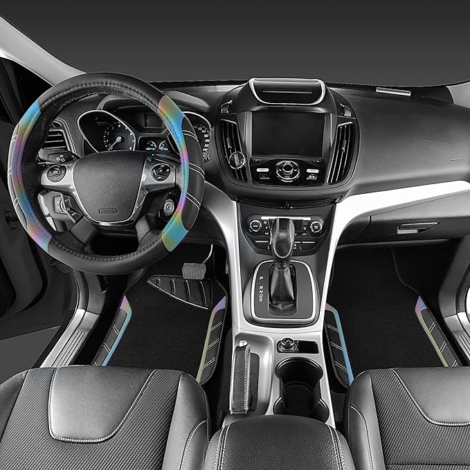 CAR PASS Leather Steering Wheel Cover and Waterproof Car Floor Mats,Microfiber Universal Car Combo Fit for 95% Sedan,SUV,Cars,14.5-15inch Sporty Anti-Slip Safety Comfortable Design(Black＆Reflective)