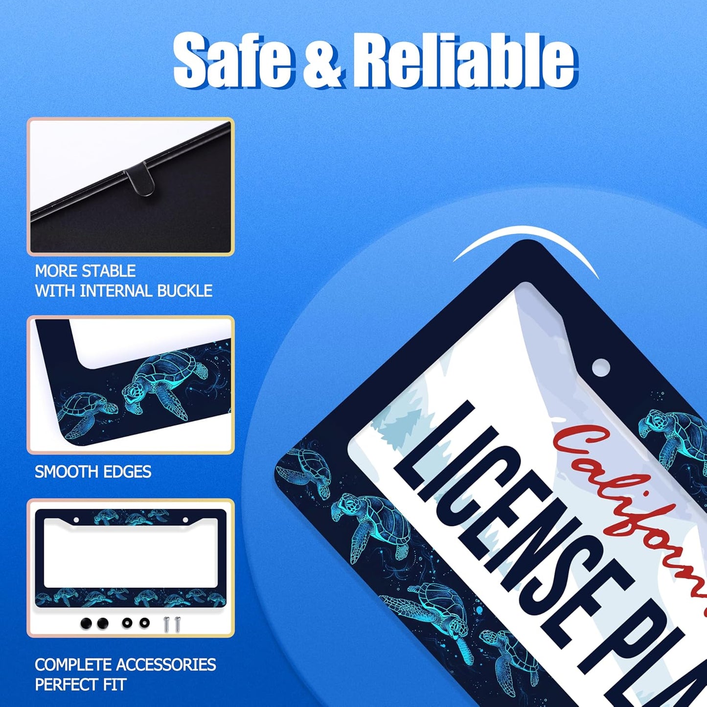 Sea Turtle License Plate Frame Blue Turtles License Plate Stainless Steel Funny License Plate Holder Ocean Animal Car Accessory Car Decoration 12.3" x 6.3" Fits Standard Vehicles Size