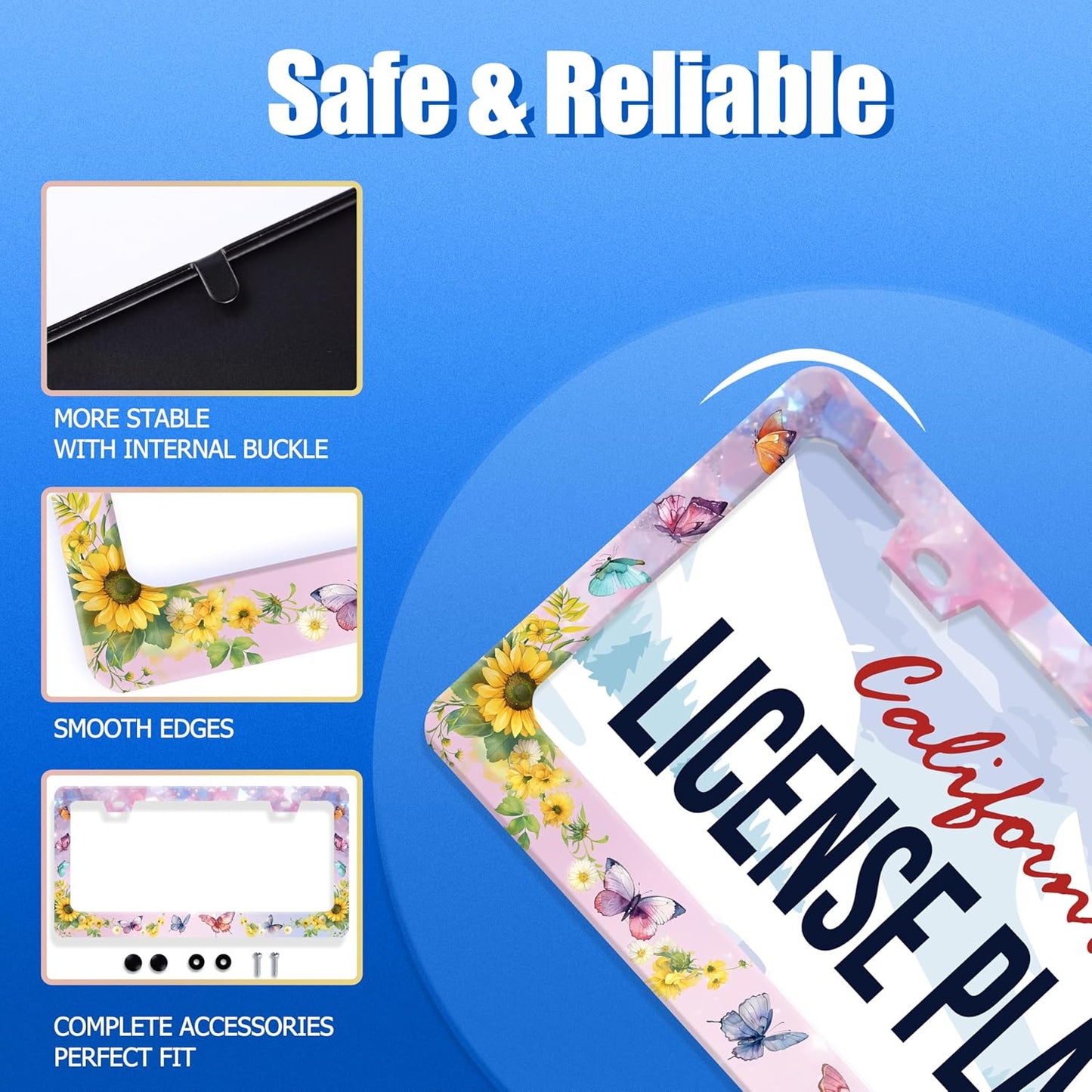 Beautiful Butterfly Sunflower License Plate Frame Yellow Floral License Plate Stainless Steel Funny License Plate Holder for Men Women Colorful Car Accessories Decoration 12.3" x 6.3"