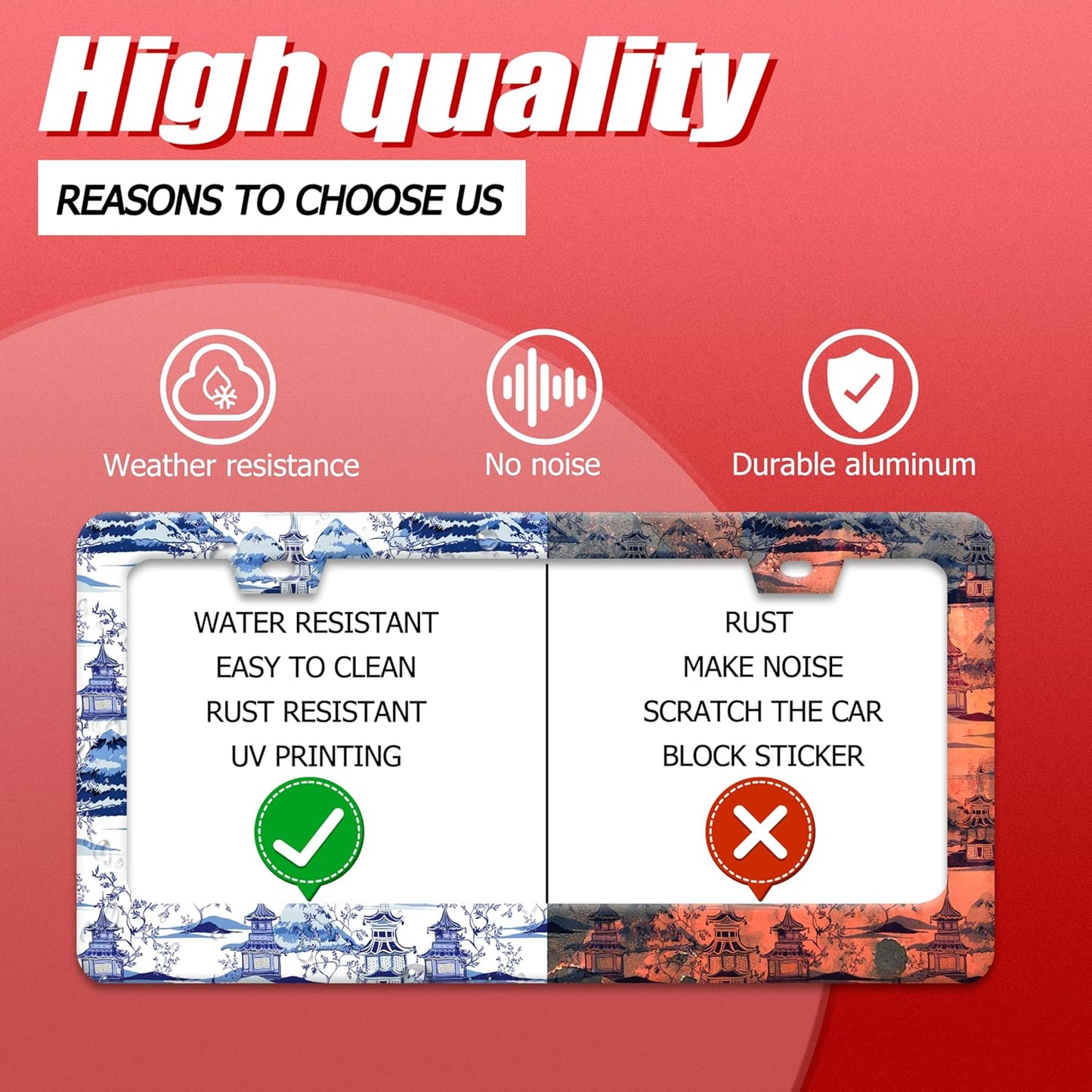 Blue White Porcelain Pattern License Plate Frame Chinoiserie License Plate Frames Funny for Car Decorative Parts Stainless Stee License Plate for Standard Us Canada 12x6 Inch