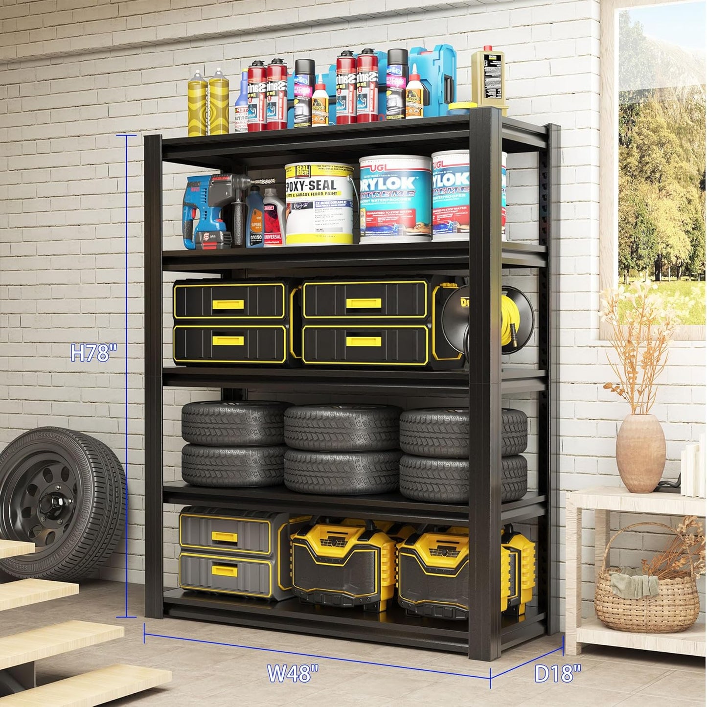 78" H Metal Storage Shelving, 3000LBS Heavy Duty Shelves Unit, Adjustable 5 Tier Storage Rack, Industrial Utility Shelf for Garage, Warehouse, Bedroom, Kitchen,18" D×47.5“W×78”H, Black