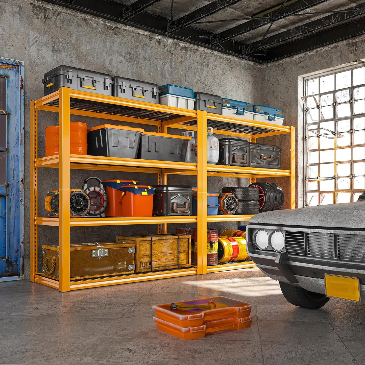 REIBII 40" W Garage Shelving Heavy Duty Metal Shelving 2200LBS Storage Shelves 4 Tier Garage Shelves Adjustable Metal Shelf for Warehouse Basement Pantry Kitchen, Orange, 2 Pack