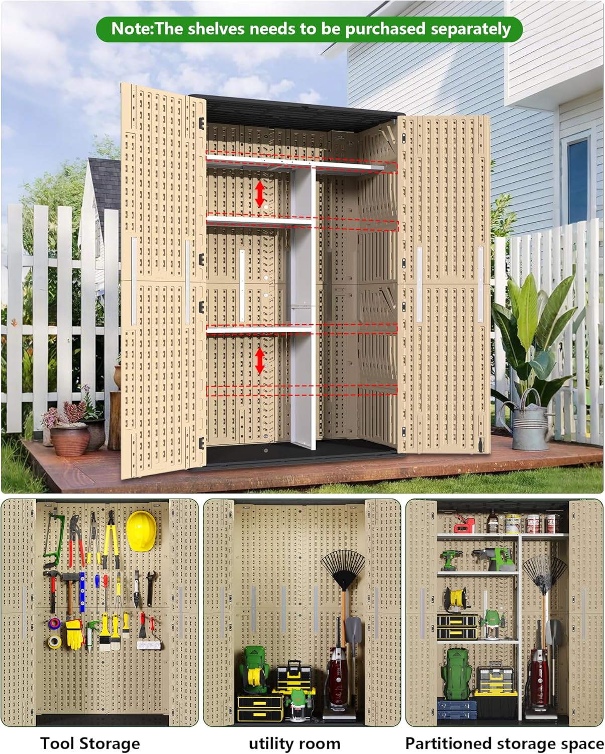 Vertical Storage Shed Shelf, Weatherproof Metal Shelf for 60 cuft Tool Cabinetwith Screw and Nuts Easy Assembly, Ideal for Outdoor Use, 45.6''L×13.2''W×69.9''H, White