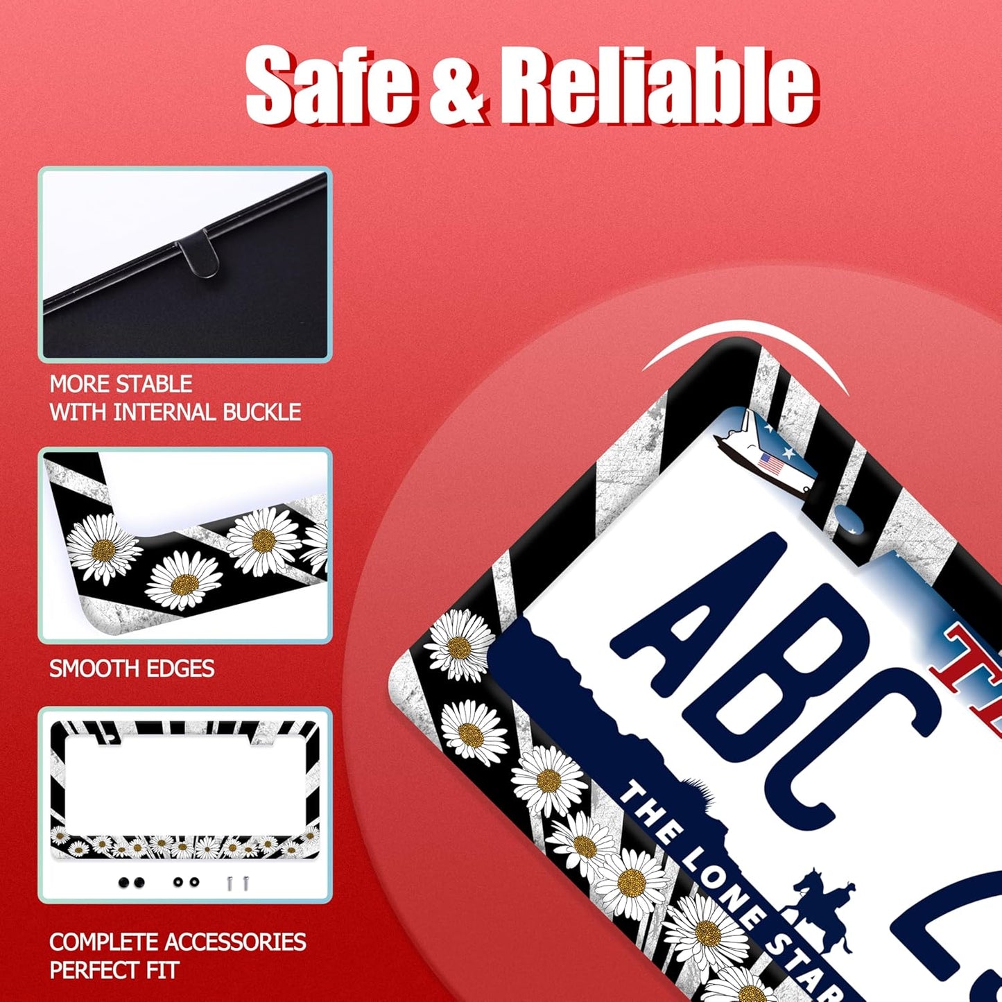 Sun License Plate Frame Black White Daisy Flowers License Plate Frames Funny Auto Accessories Bracket Stainless Steel License Plate with Screw 6x12 Inch