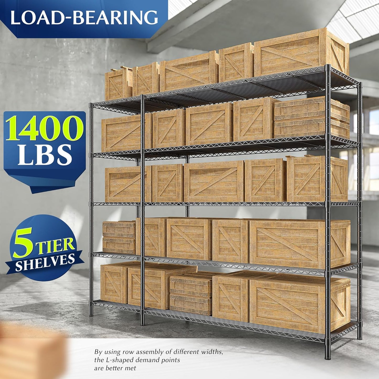 52.36" W Storage Shelves Metal Shelving Unit Load 1400LBS 5 Tier Wire Rack for Storage Adjustable Garage Shelving Heavy Duty Shelves for Pantry Kitchen Garage, 52.36W x13.78Dx70.8H