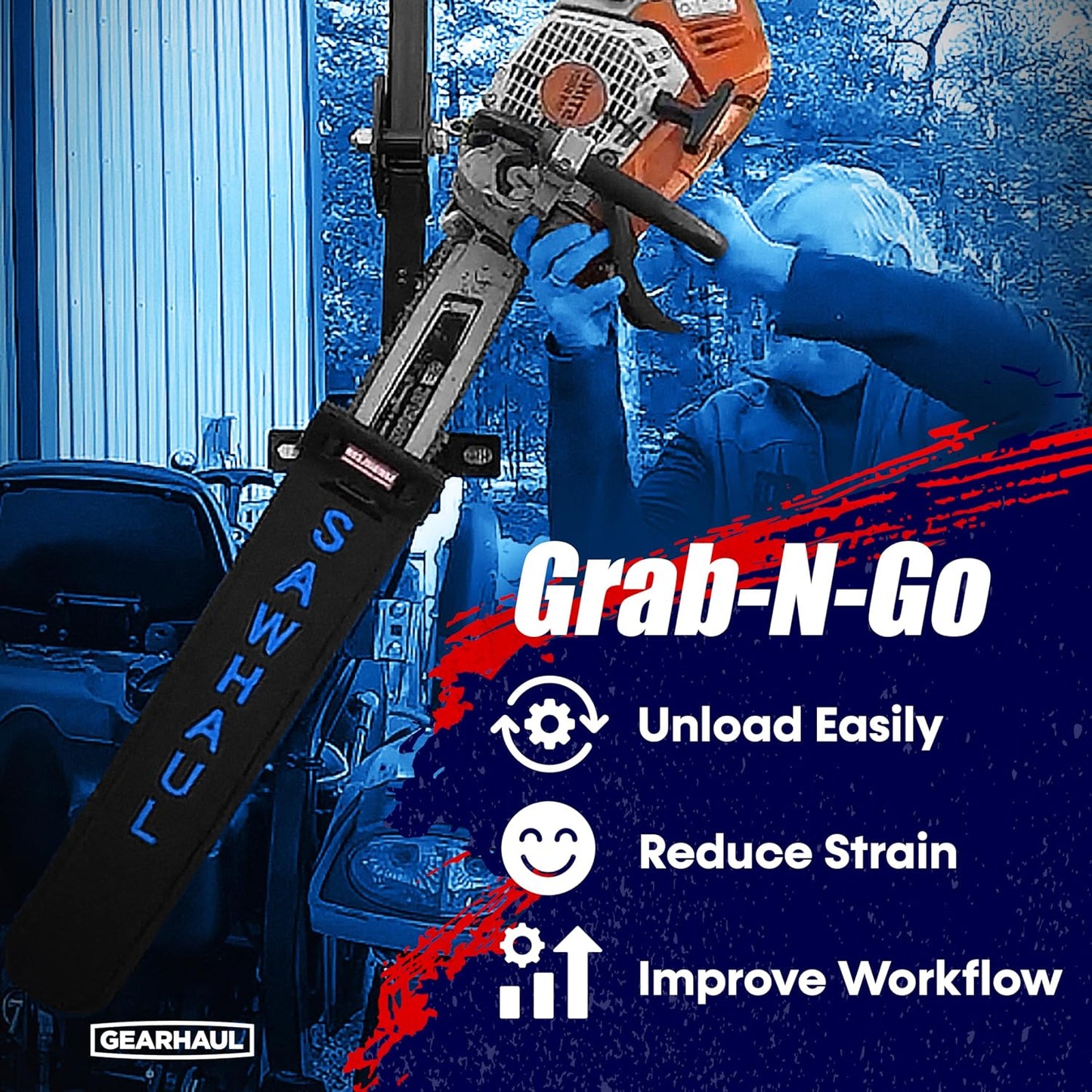 SawHaul Snap-Lok Universal Chainsaw Carrier Kit for Tractors and Skid Steers – 36 Inch Blue Scabbard with Rotating Mount – Compatible with All Chainsaw Brands – Made in USA